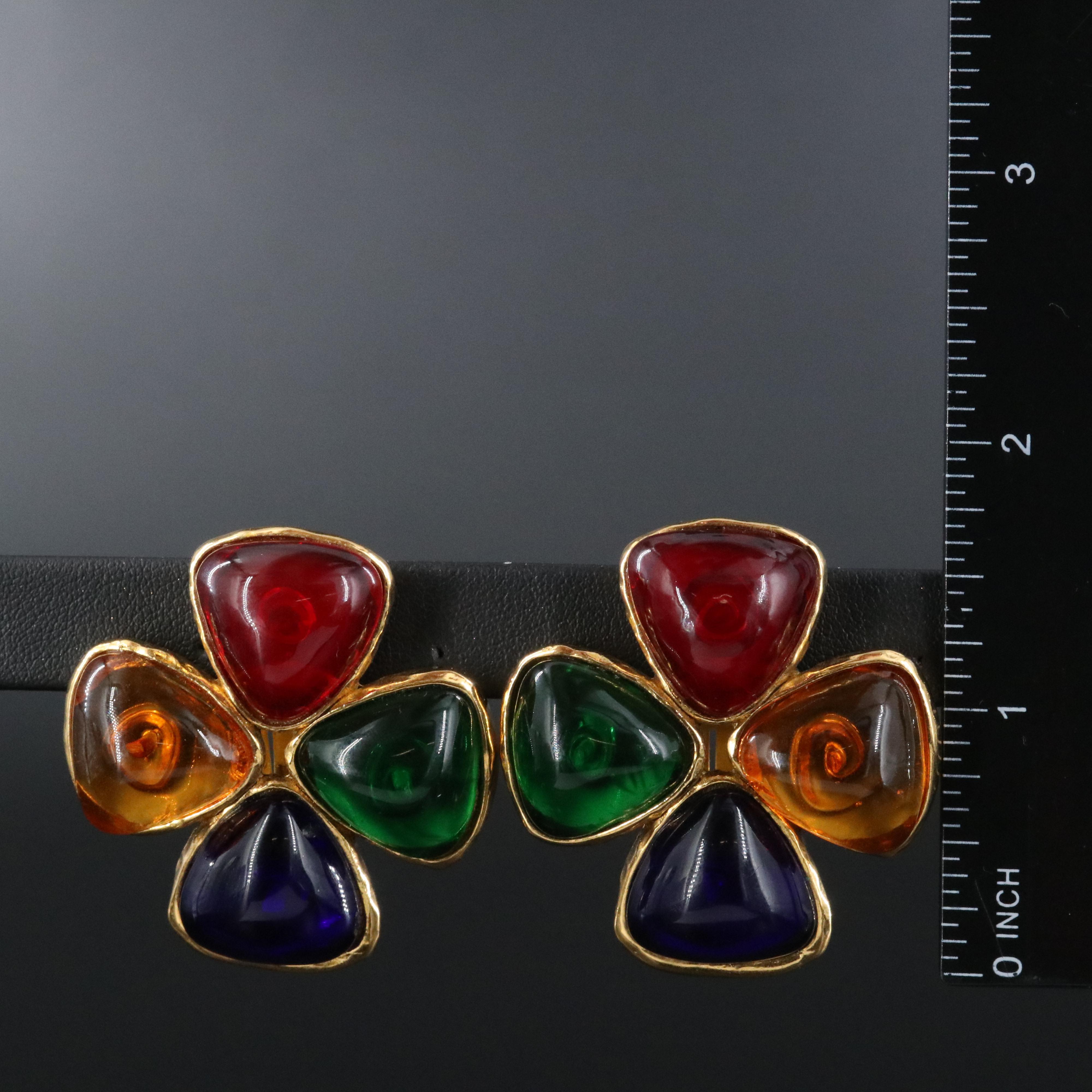 Chanel Gripoix Glass Clover Clip Earrings 1987