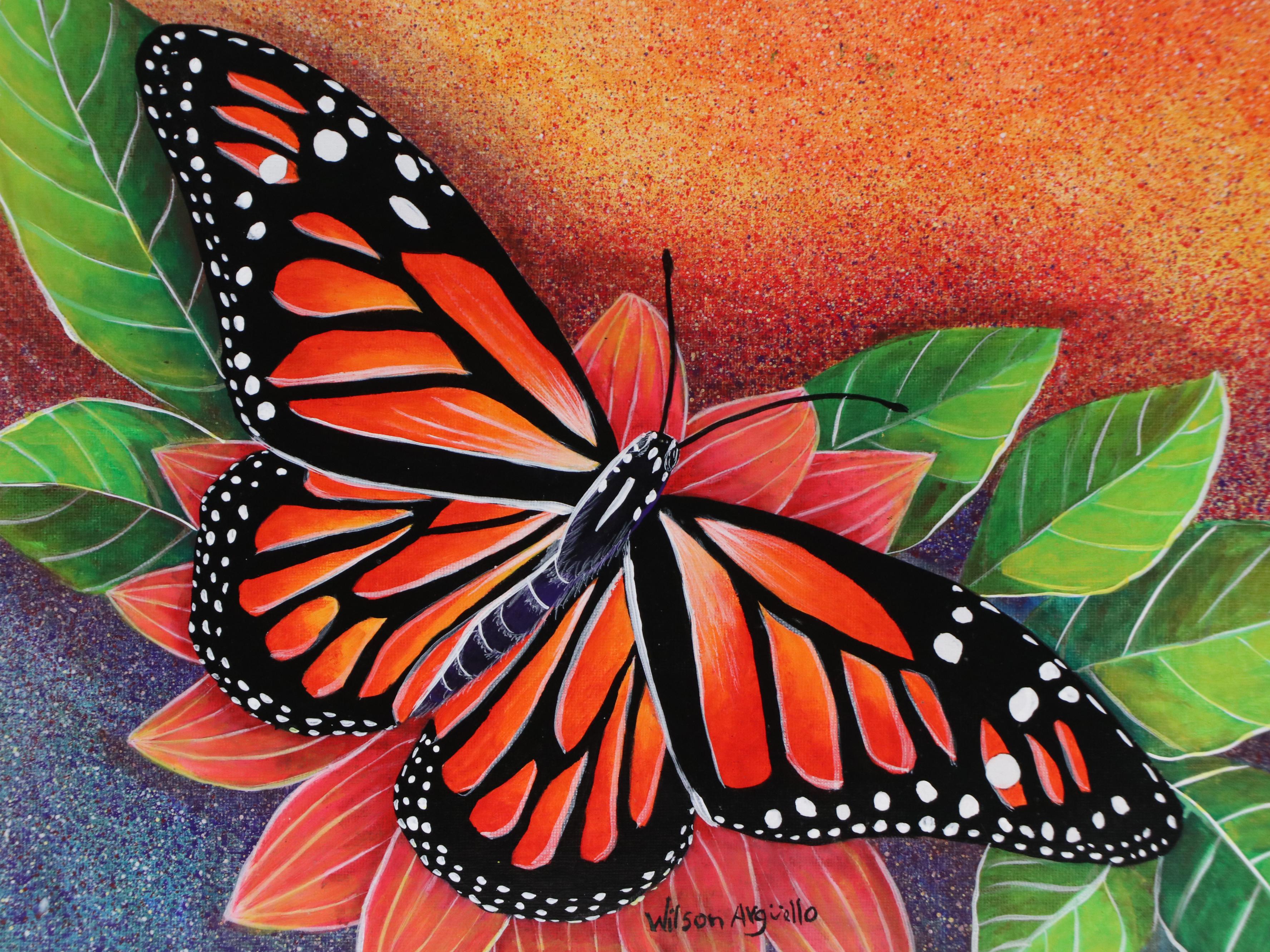 Wilson Argüello Acrylic Painting of Monarch Butterfly, 21st Century