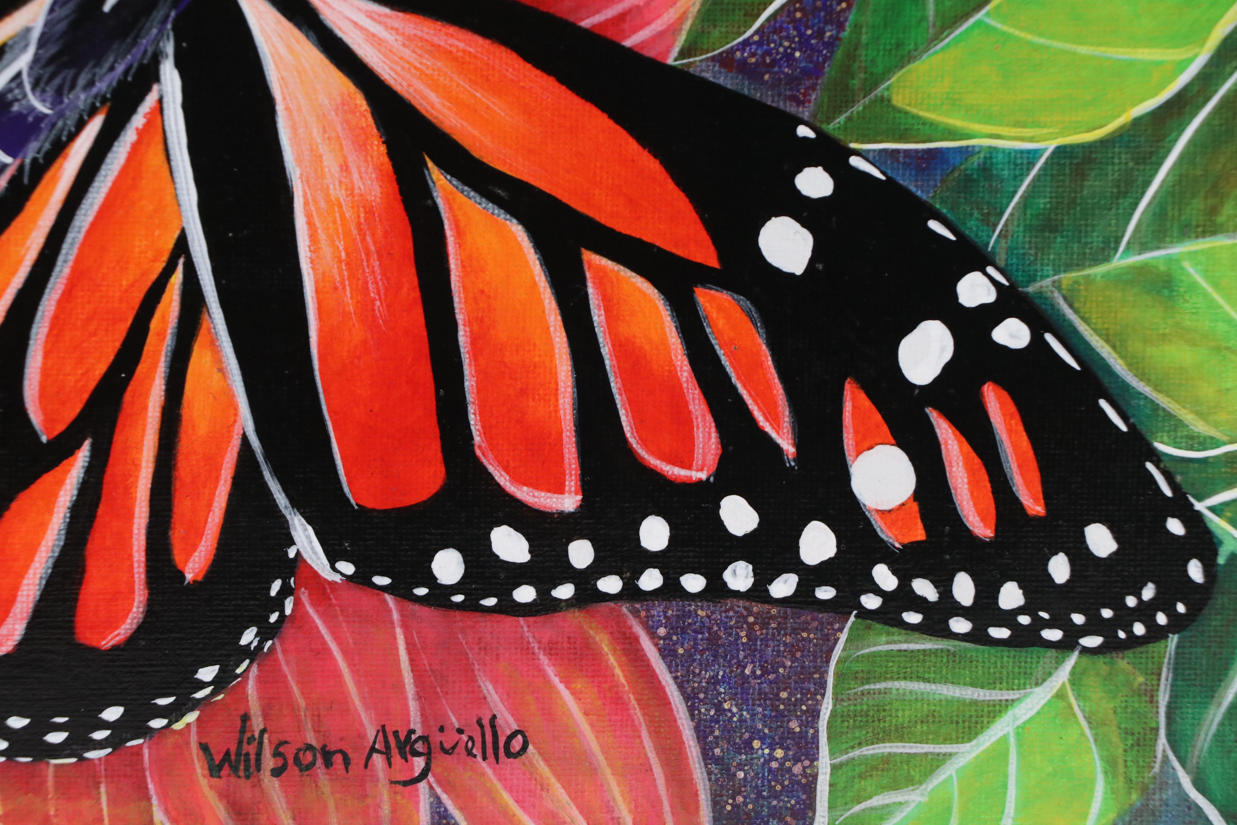 Wilson Argüello Acrylic Painting of Monarch Butterfly, 21st Century