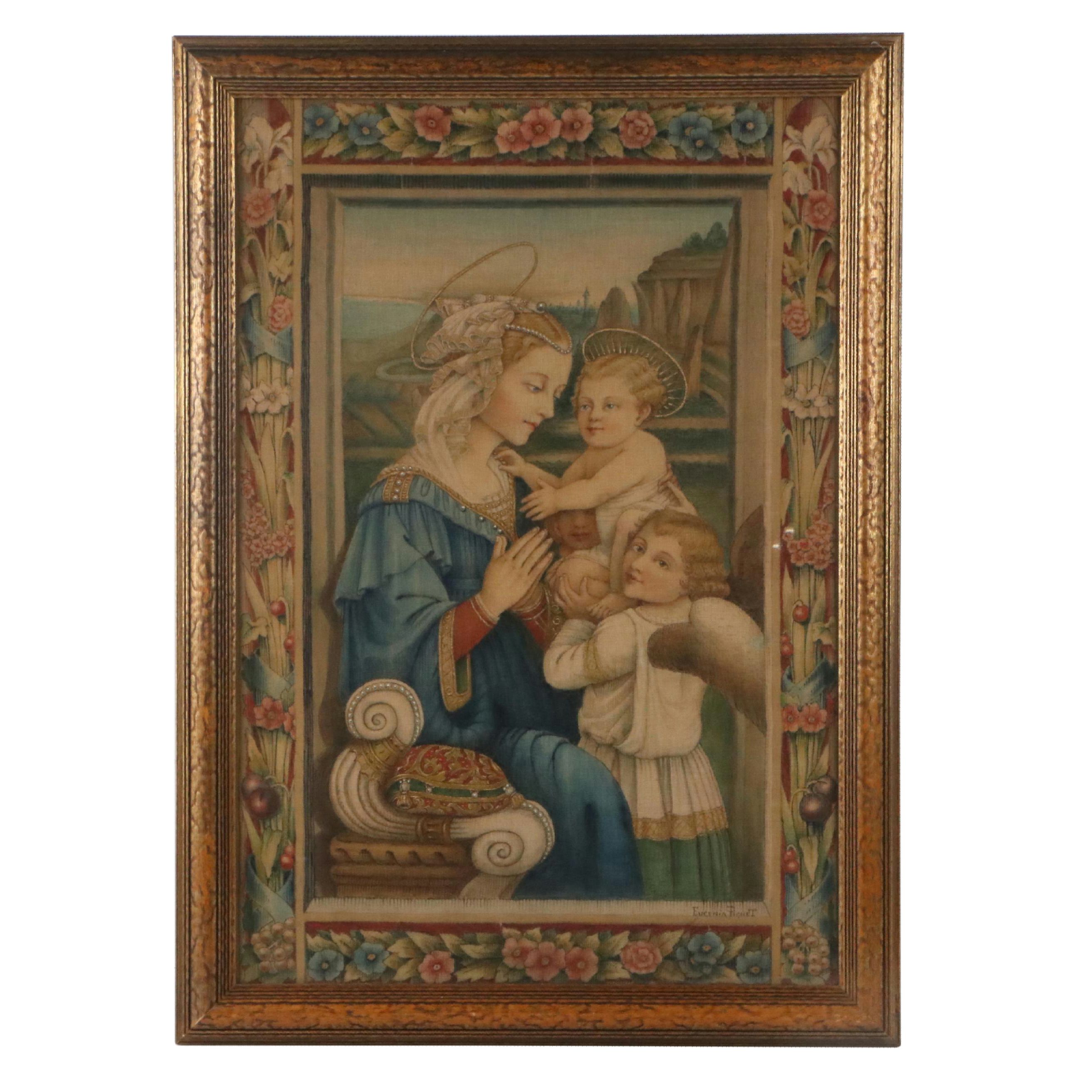 Eugenia Pignet Painted Textile After Filippo Lippi of Madonna, Child and Angels