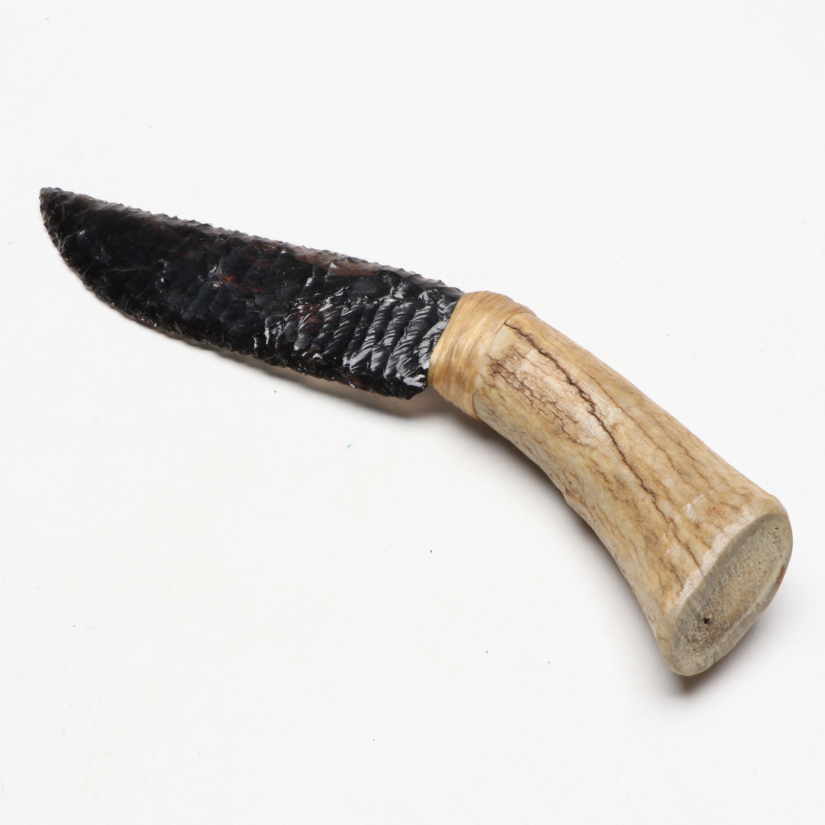 Obsidian Glass Flint Knapped Knife with Other Antler and Bone Handled Knives
