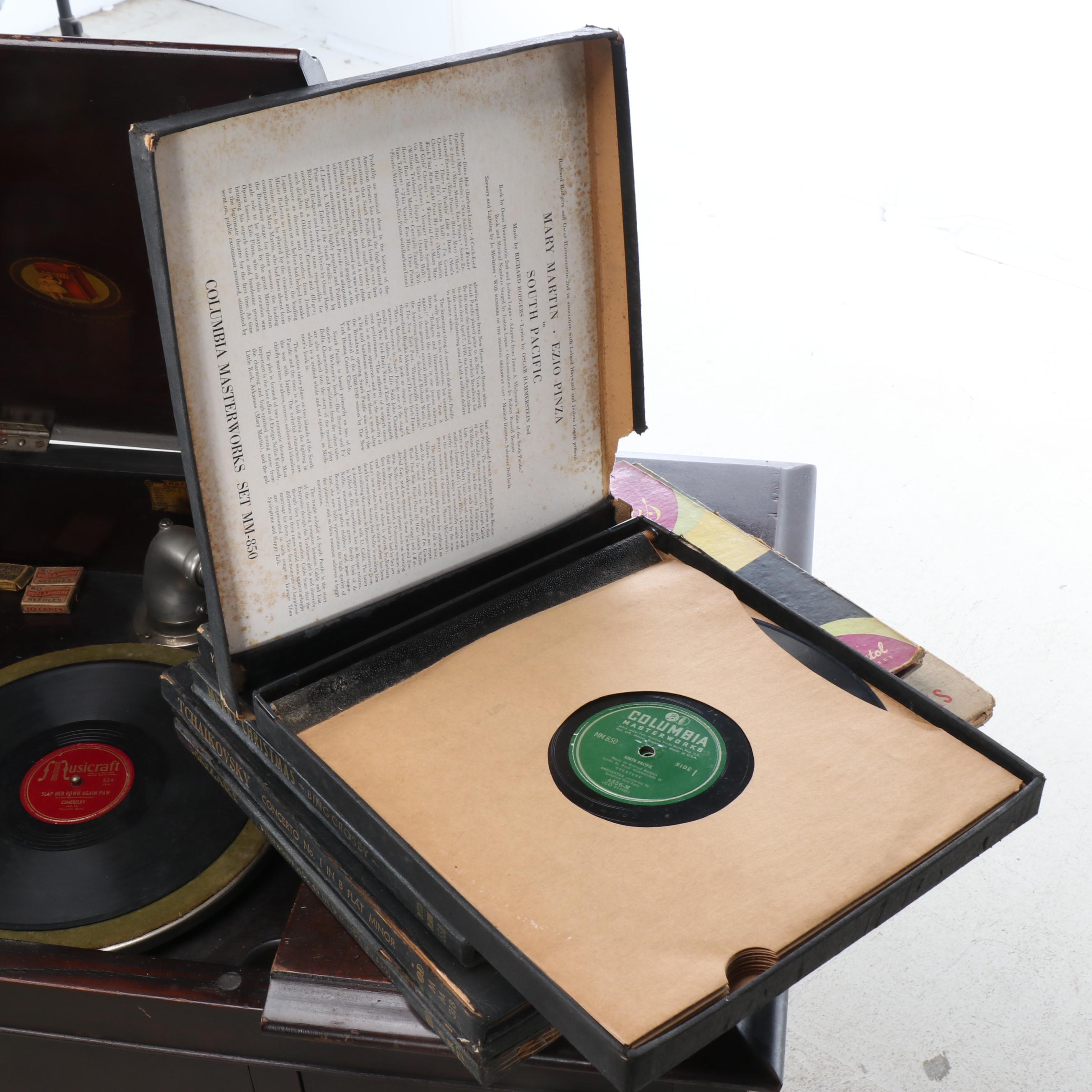 Kimball Walnut Cabinet Phonograph with Vinyl Records, Early 20th Century