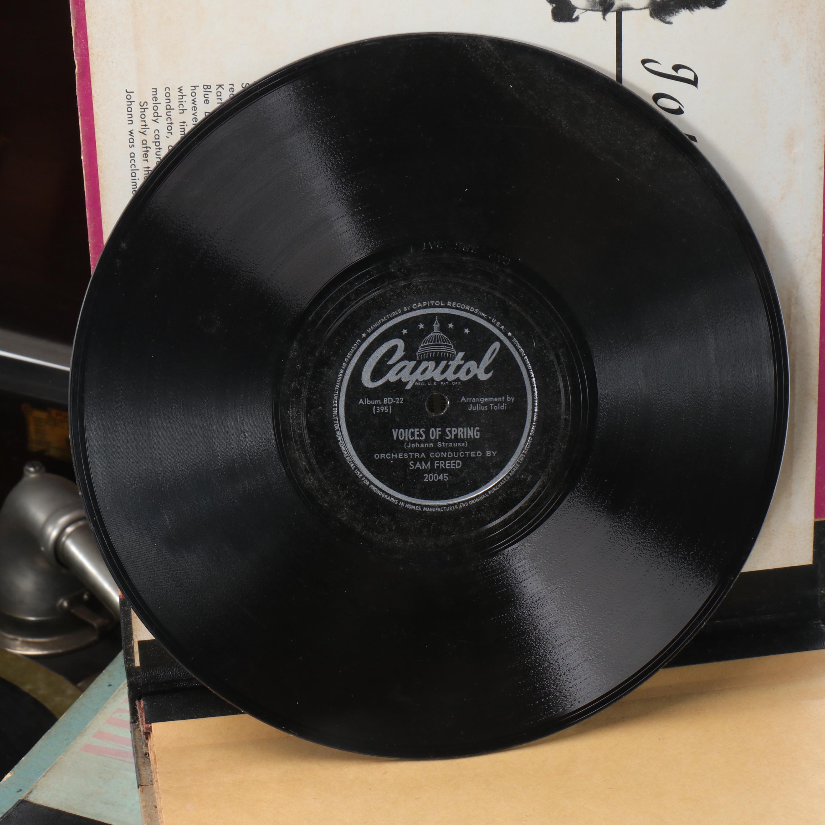 Kimball Walnut Cabinet Phonograph with Vinyl Records, Early 20th Century