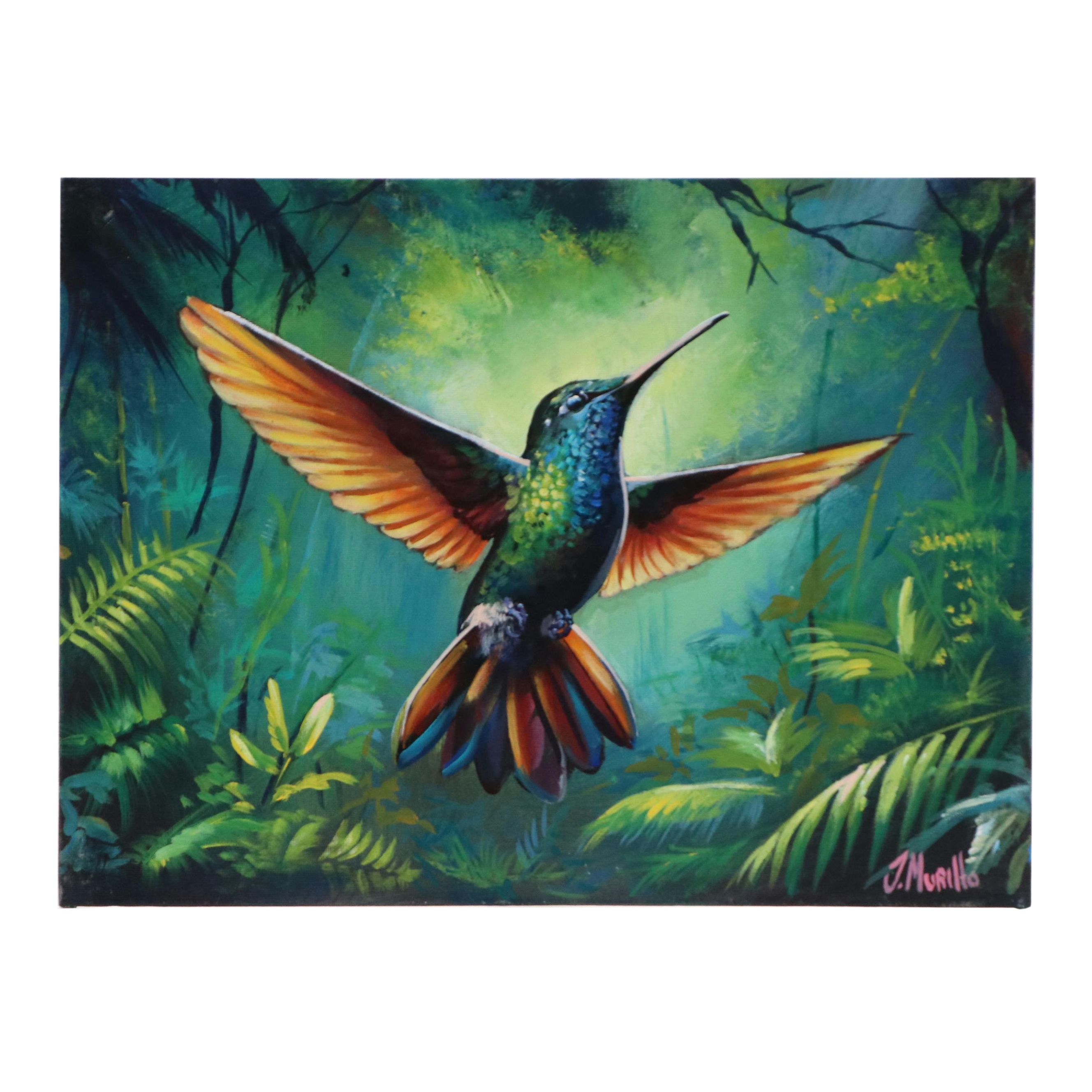 J. Murillo Acrylic Painting of Hummingbird in Jungle, 21st Century