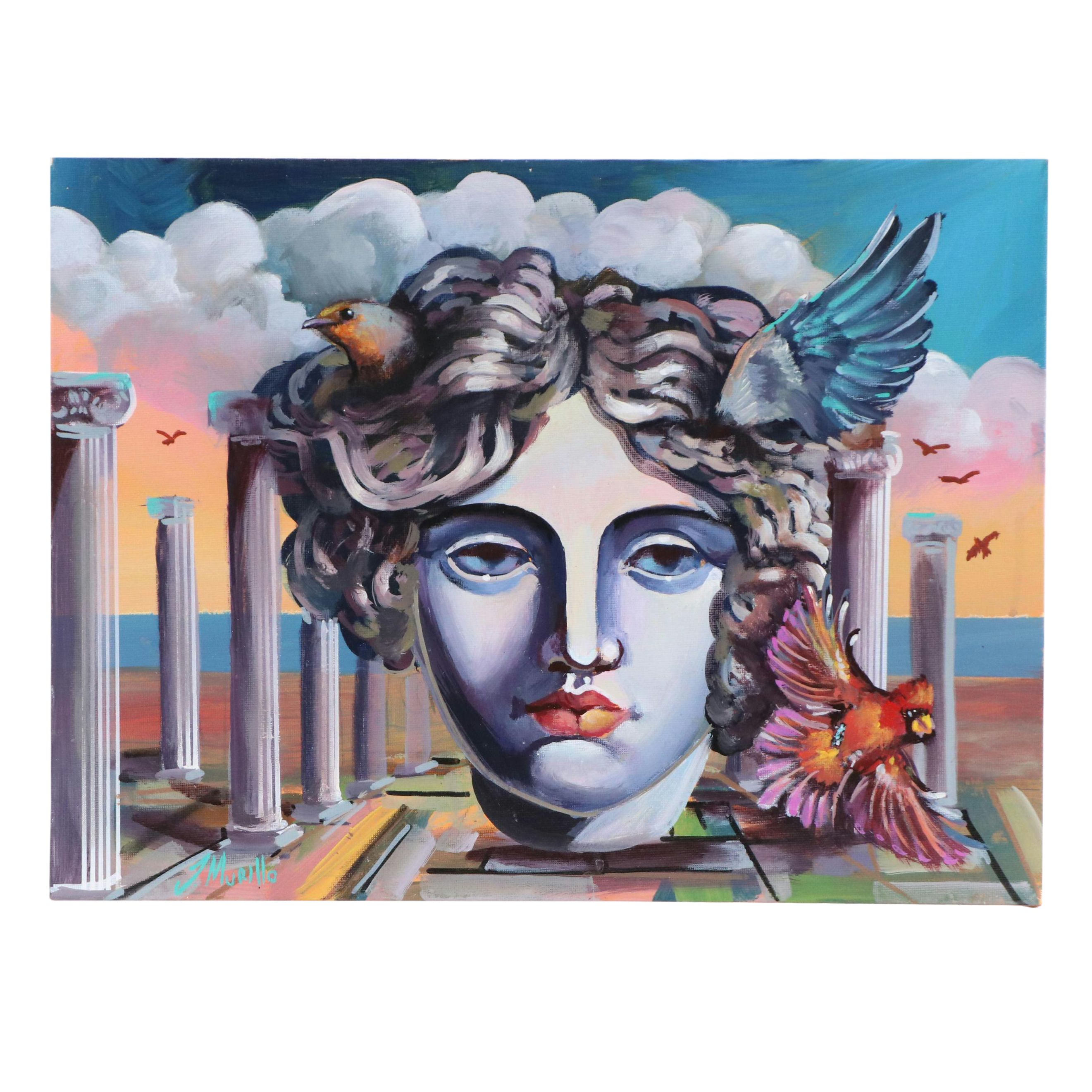 J. Murillo Acrylic Painting of Surrealistic Composition with Bust, 21st Century