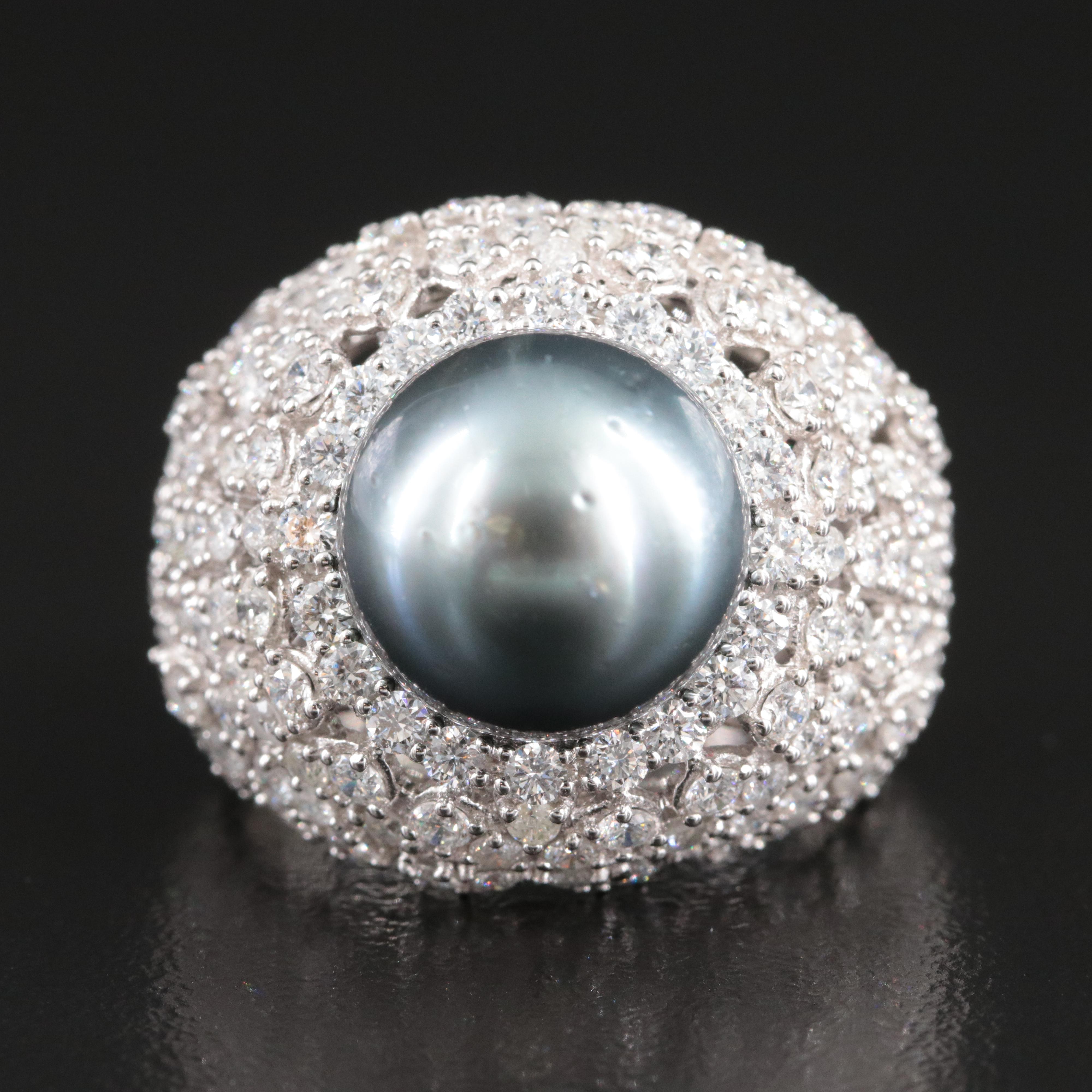 Oscar Friedman 18K 11.00 MM Pearl and 3.00 CTW Diamond Dome Ring