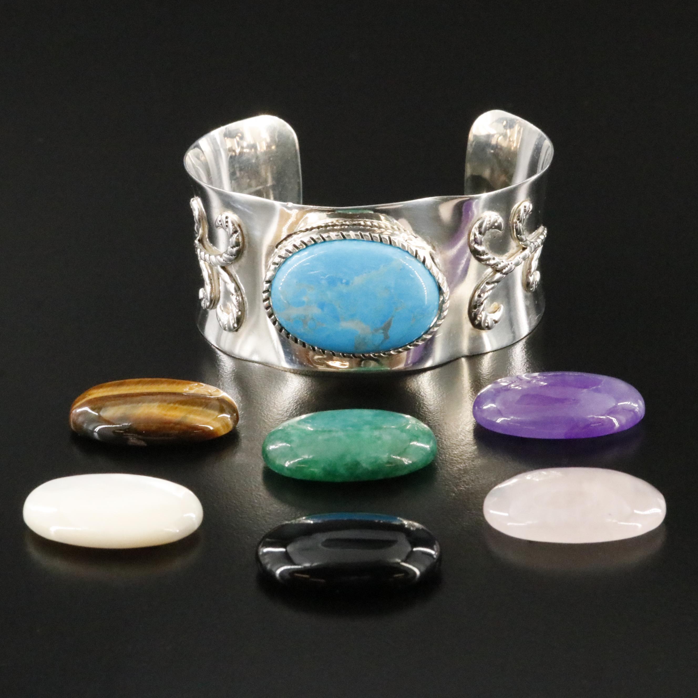 Sterling Cuff Bracelet with Interchangeable Centers Including Tiger's Eye