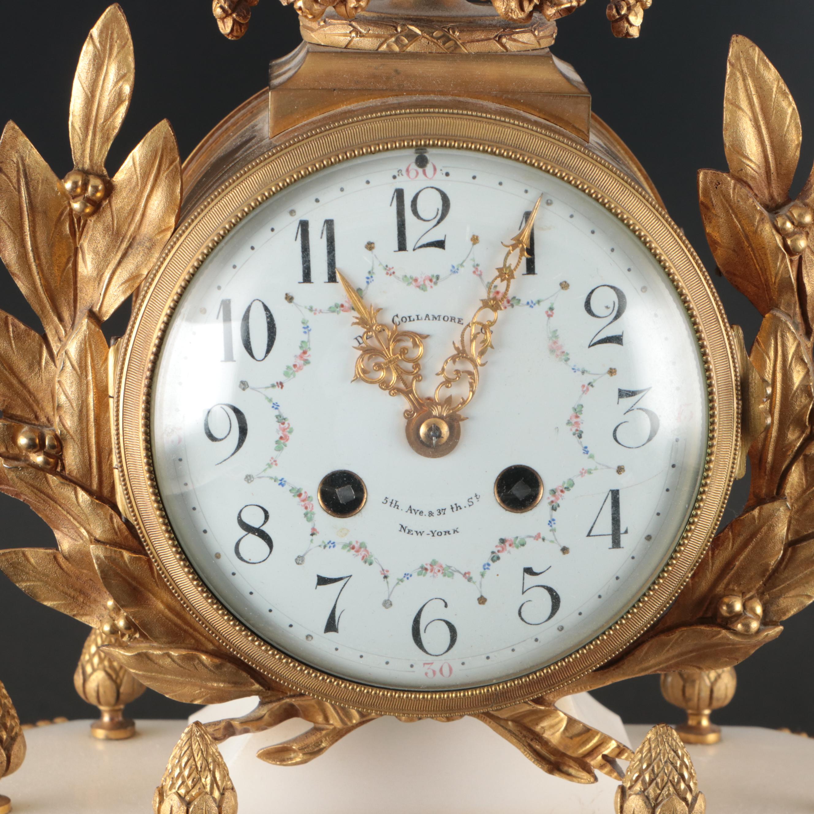 Davis Collamore & Co. Louis XVI Style Gilt Marble Columned Mantel Clock