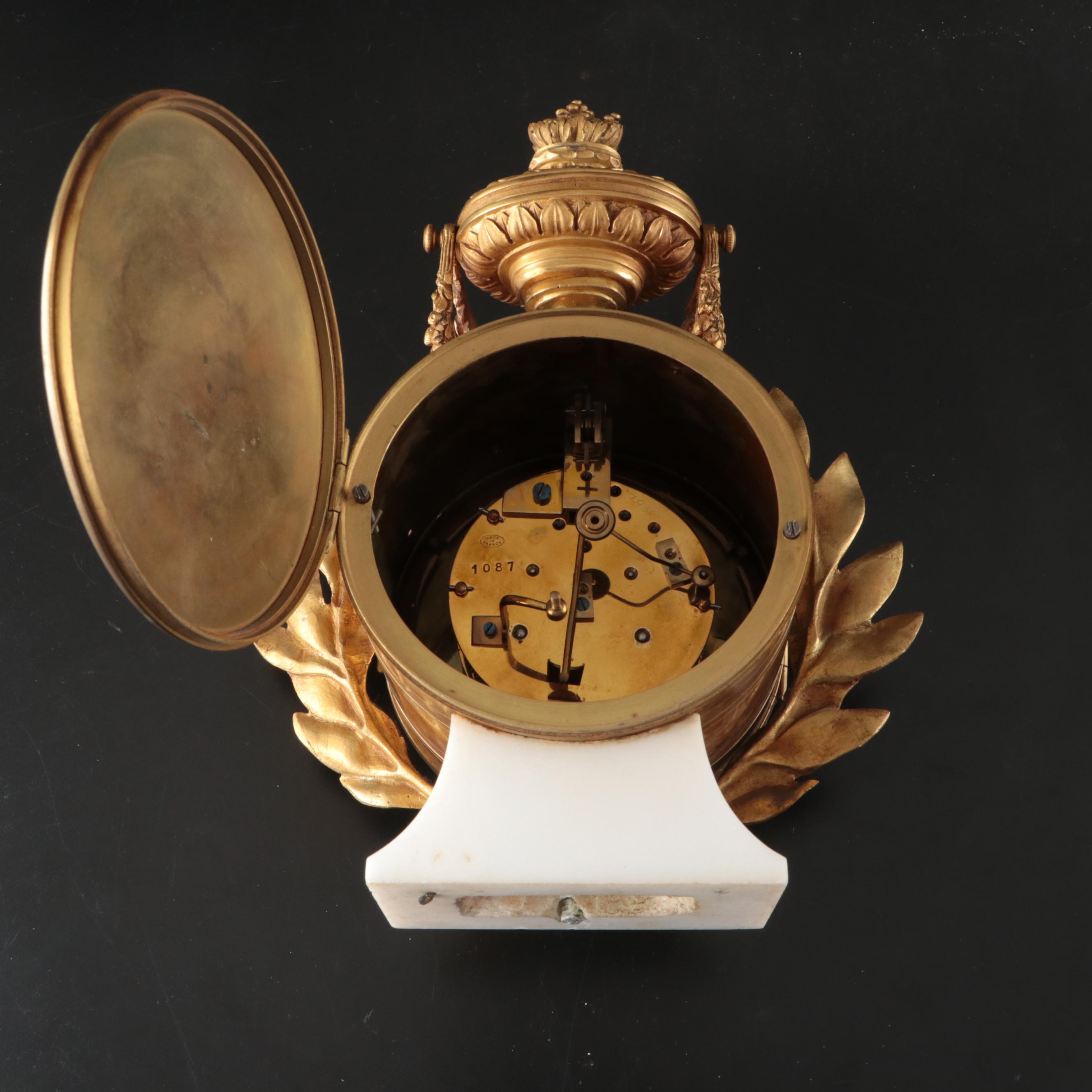 Davis Collamore & Co. Louis XVI Style Gilt Marble Columned Mantel Clock