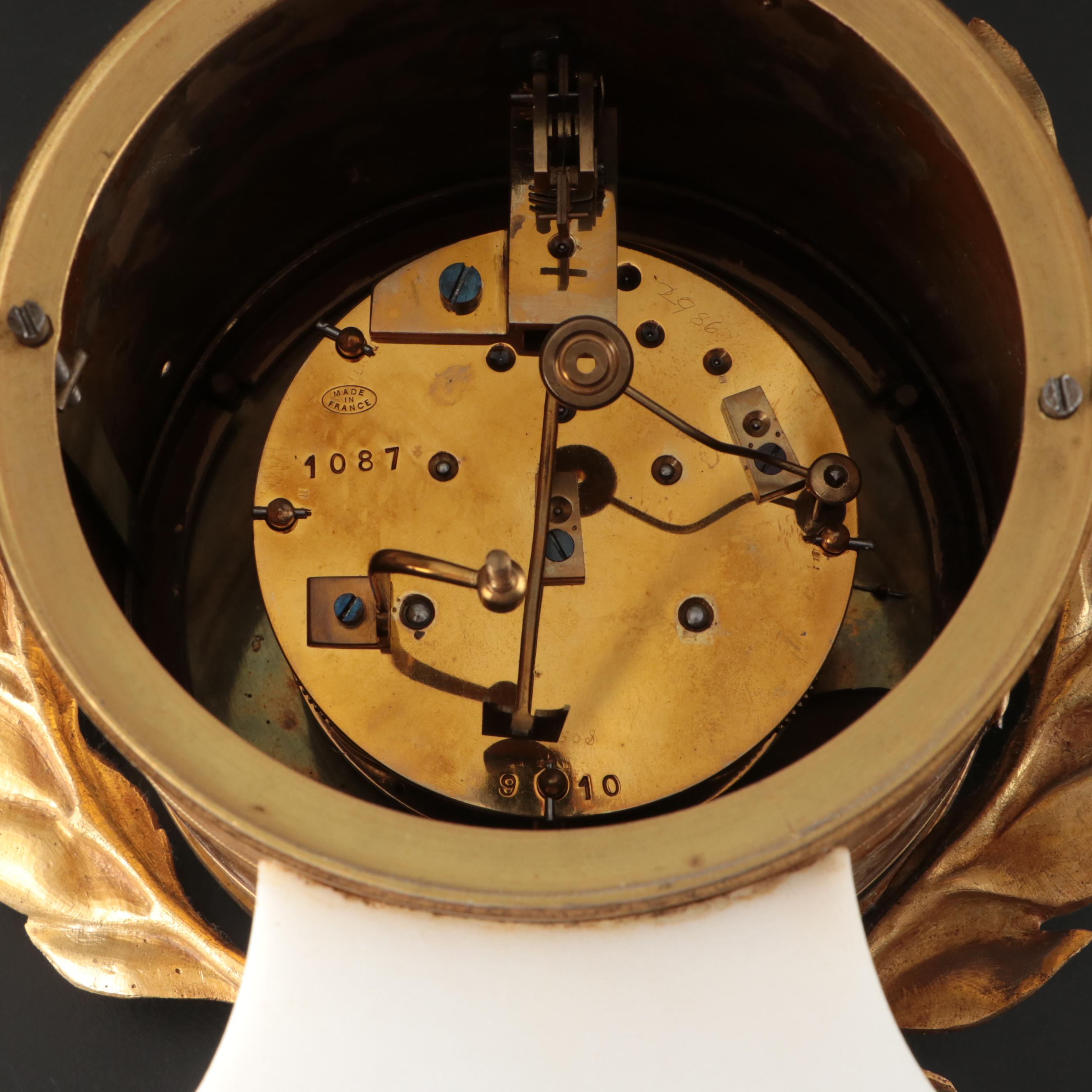 Davis Collamore & Co. Louis XVI Style Gilt Marble Columned Mantel Clock