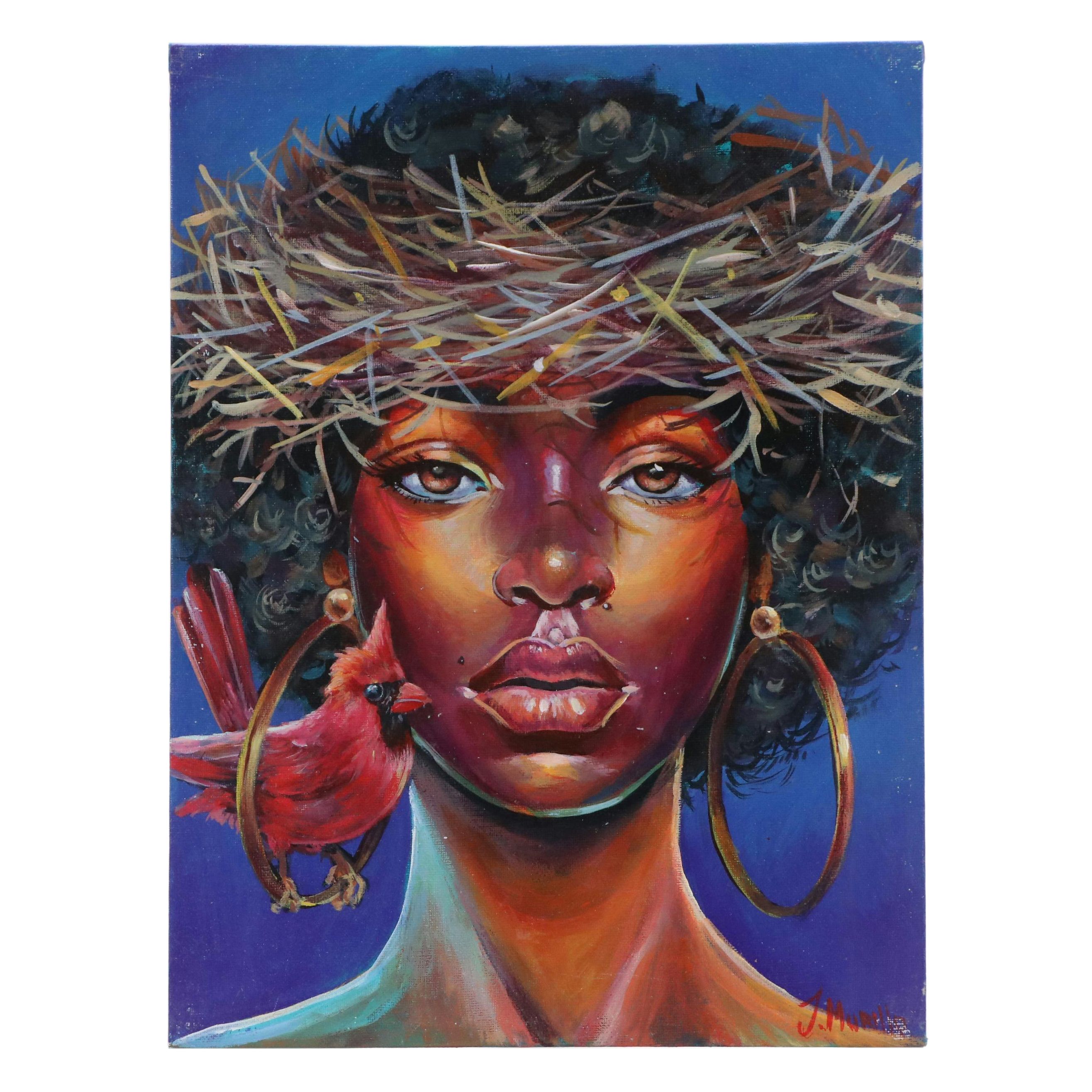 J. Murillo Acrylic Painting of Woman with Cardinal, 21st Century