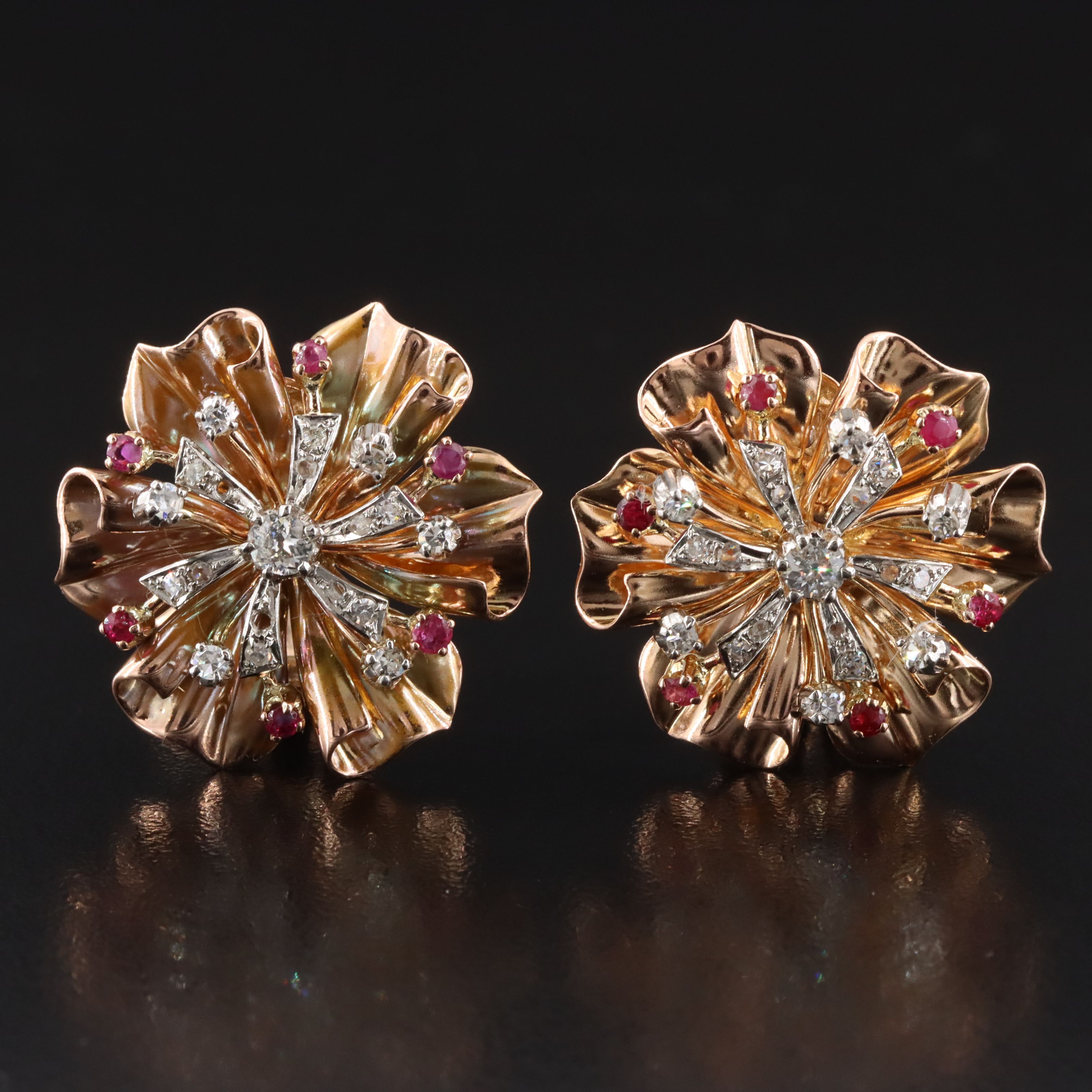 Retro Rossello 18K Diamond and Ruby Flower Earrings with Platinum Setting Detail