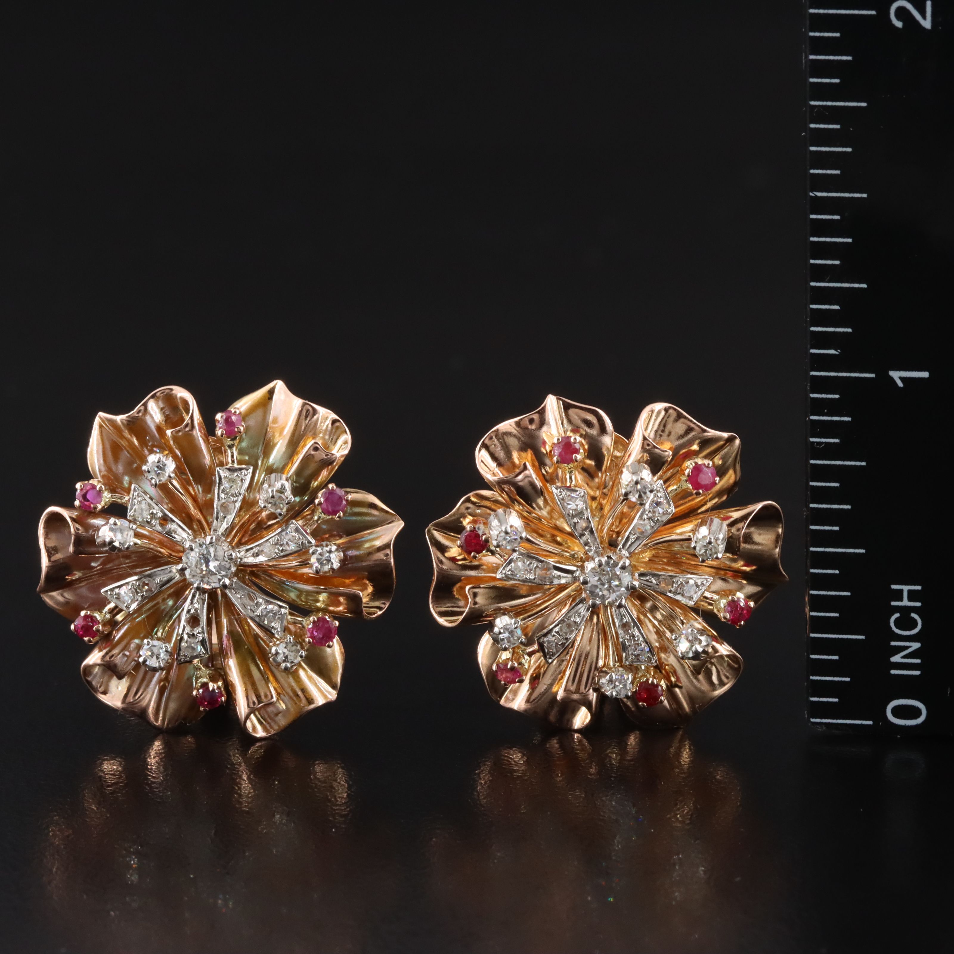 Retro Rossello 18K Diamond and Ruby Flower Earrings with Platinum Setting Detail