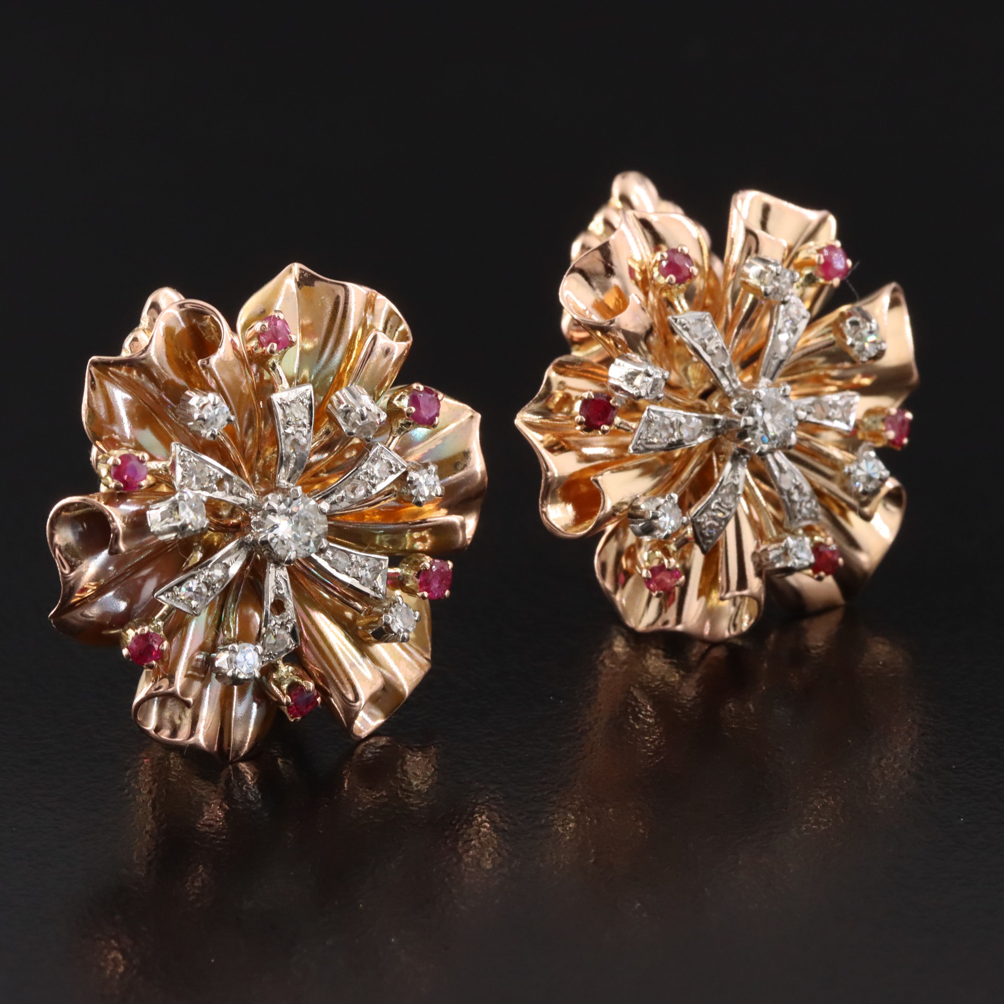 Retro Rossello 18K Diamond and Ruby Flower Earrings with Platinum Setting Detail