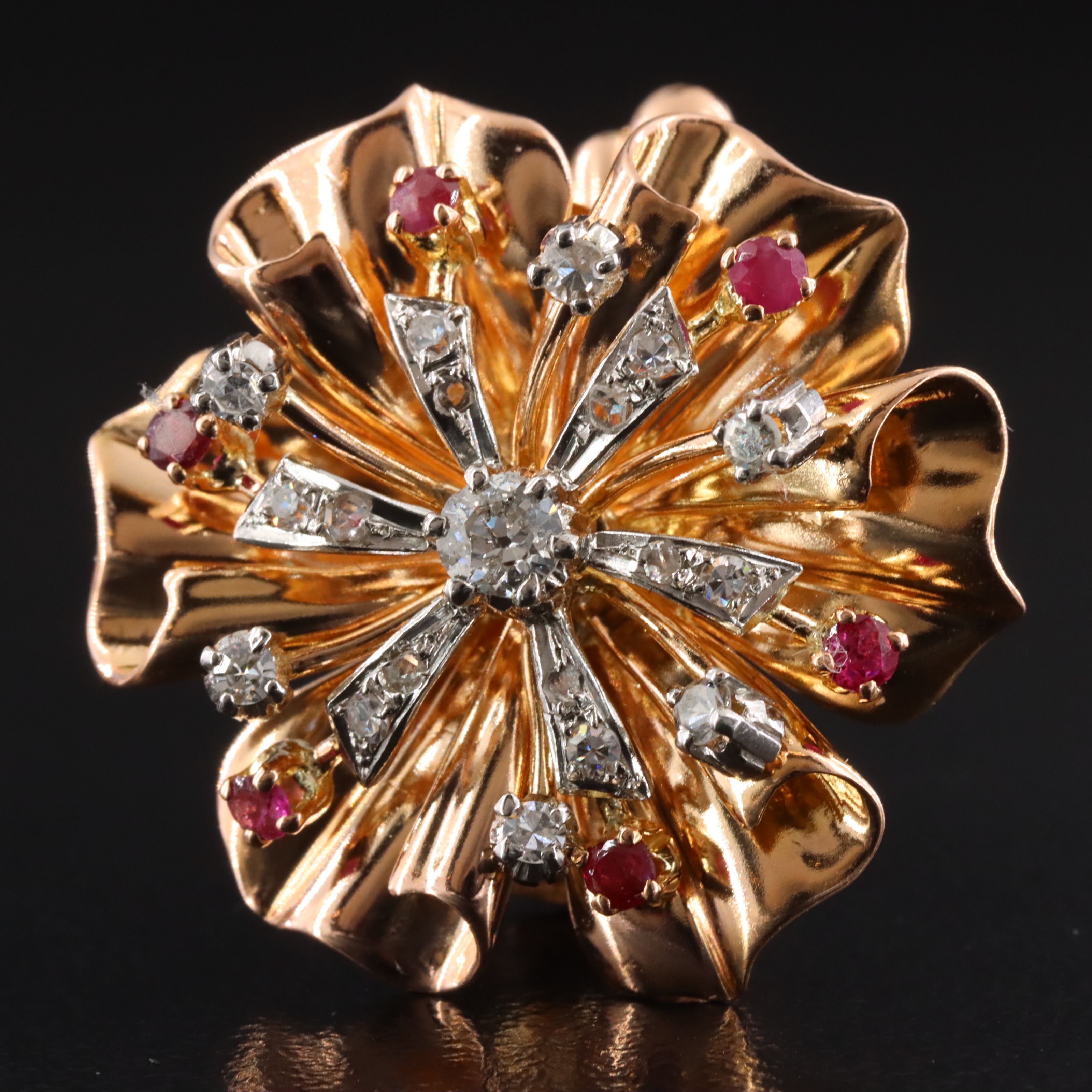 Retro Rossello 18K Diamond and Ruby Flower Earrings with Platinum Setting Detail