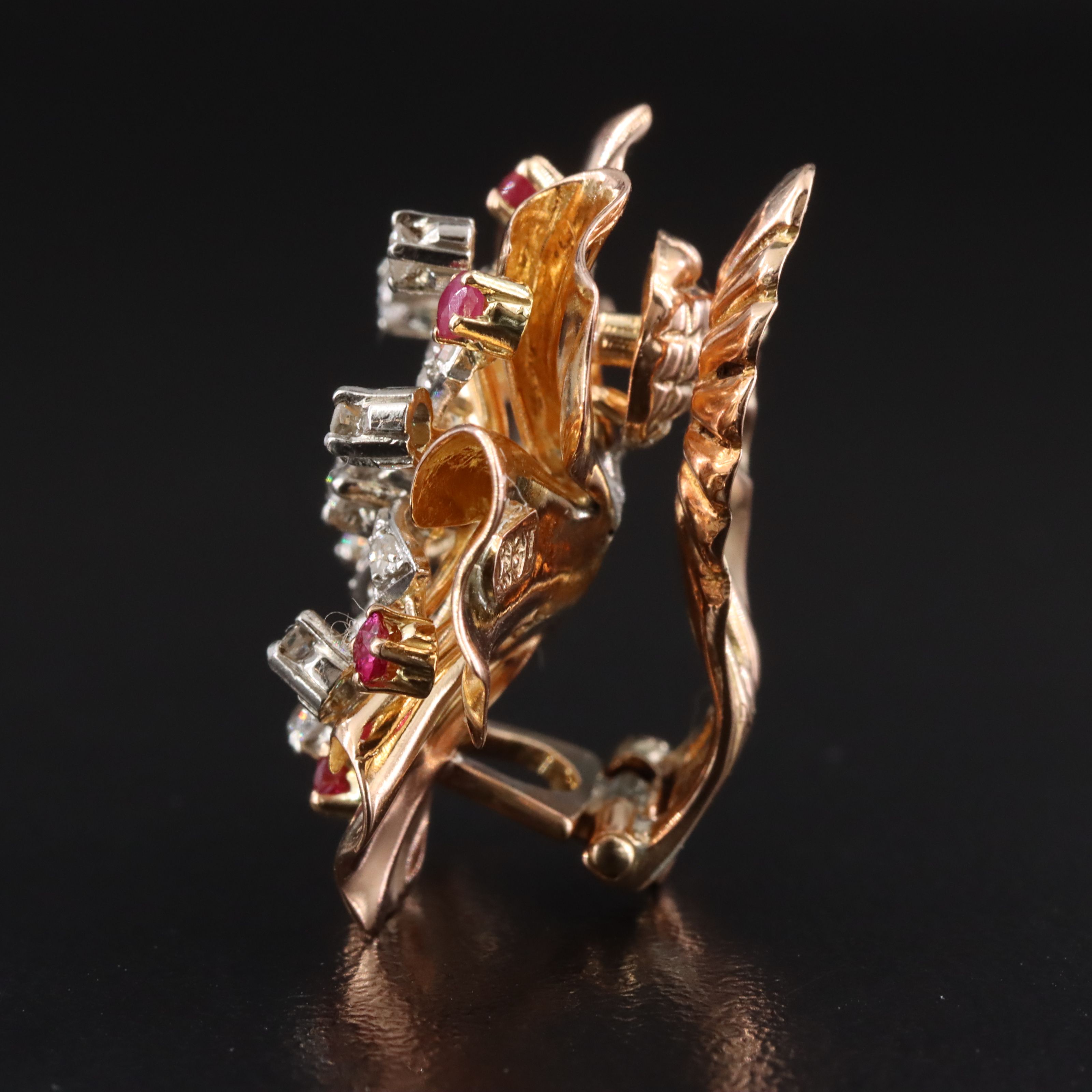 Retro Rossello 18K Diamond and Ruby Flower Earrings with Platinum Setting Detail