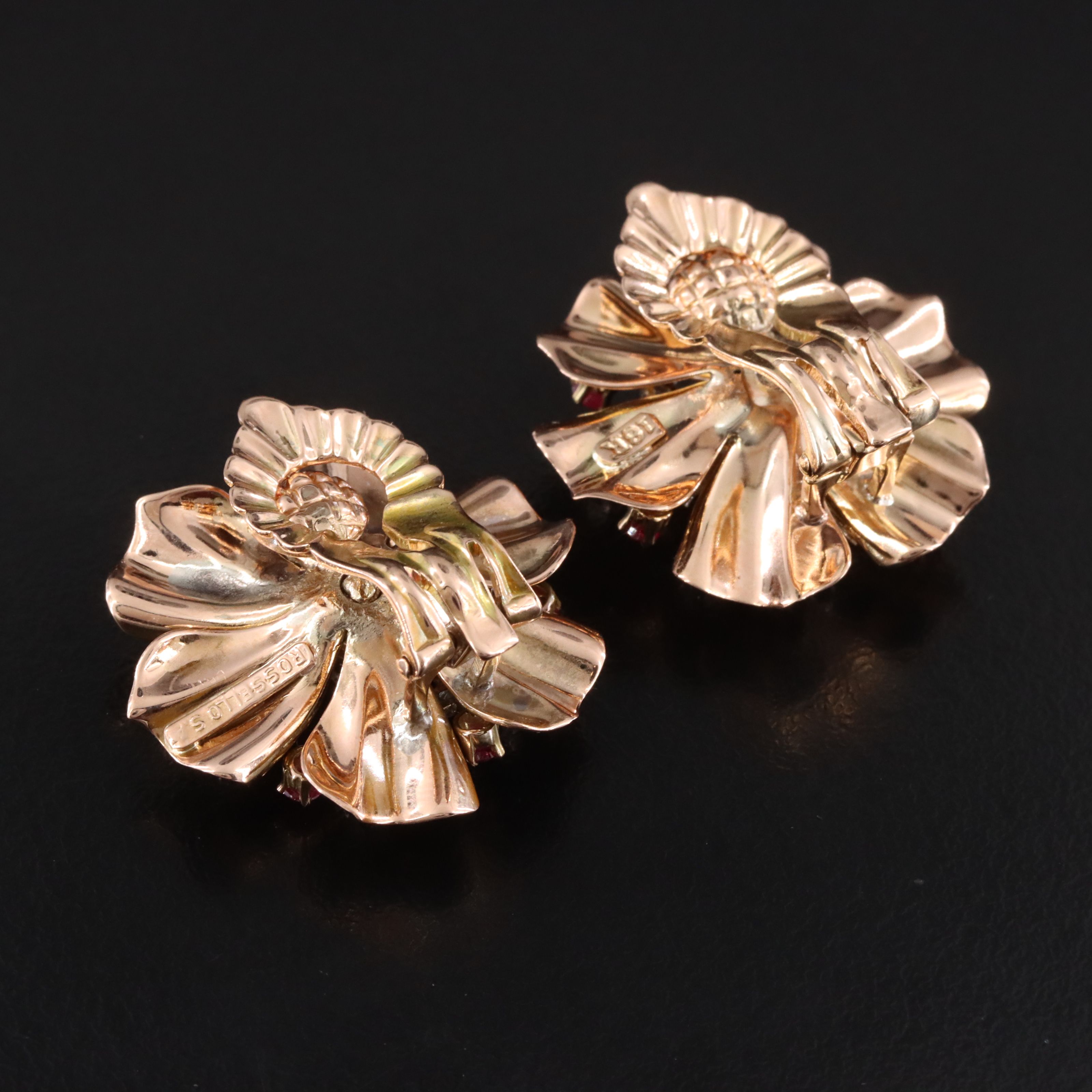 Retro Rossello 18K Diamond and Ruby Flower Earrings with Platinum Setting Detail