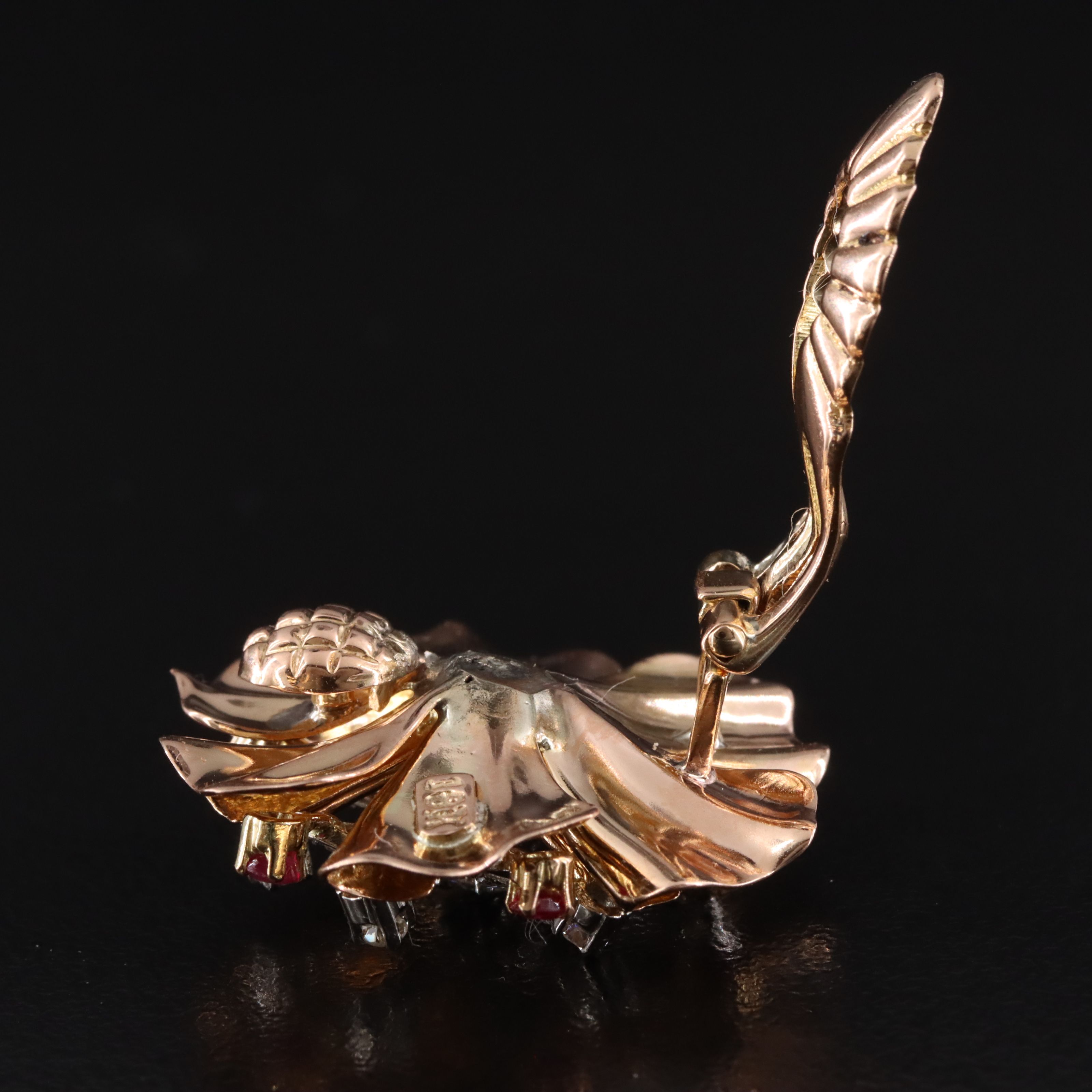 Retro Rossello 18K Diamond and Ruby Flower Earrings with Platinum Setting Detail