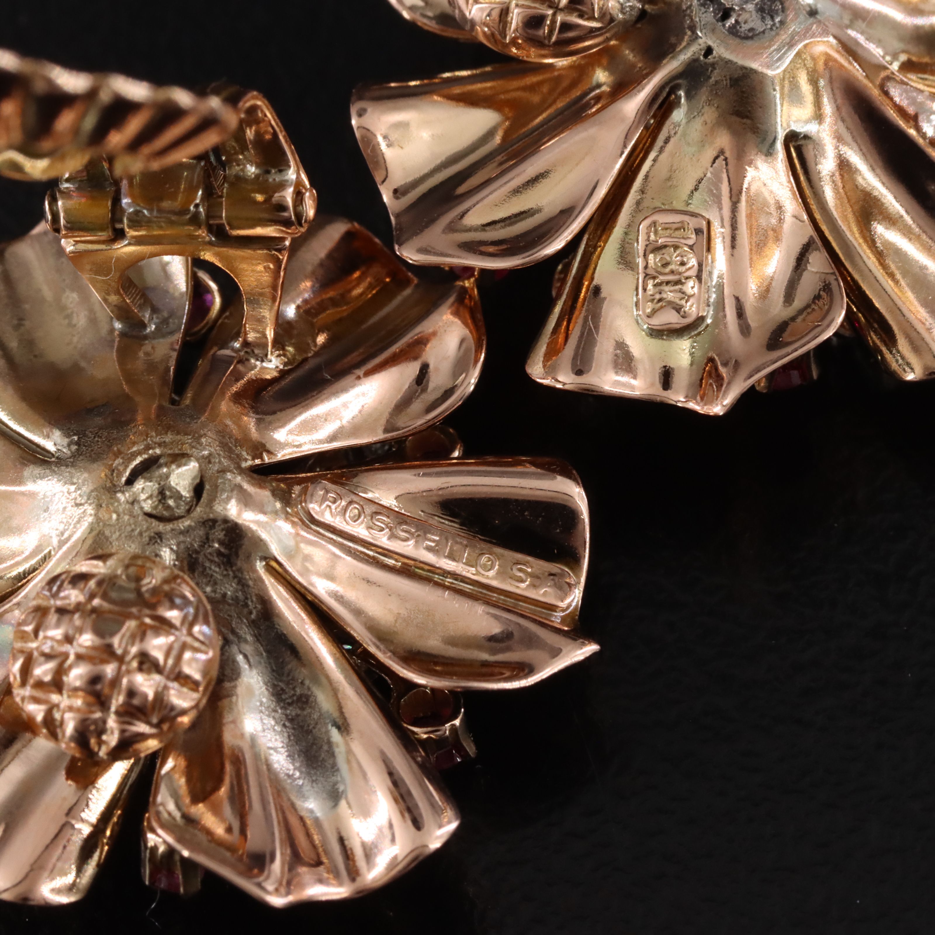 Retro Rossello 18K Diamond and Ruby Flower Earrings with Platinum Setting Detail