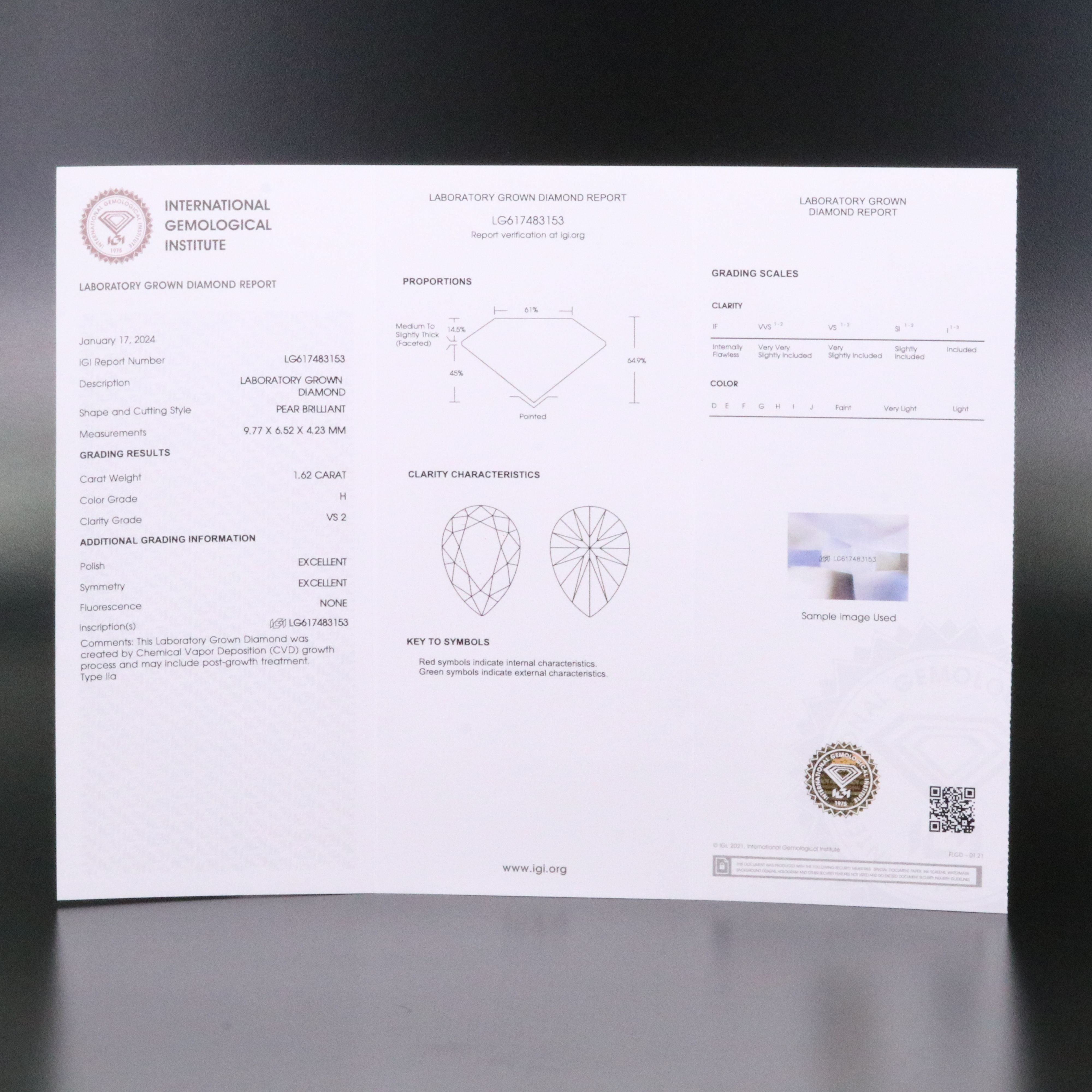 Loose 1.62 CT Lab Grown Diamond with IGI Report