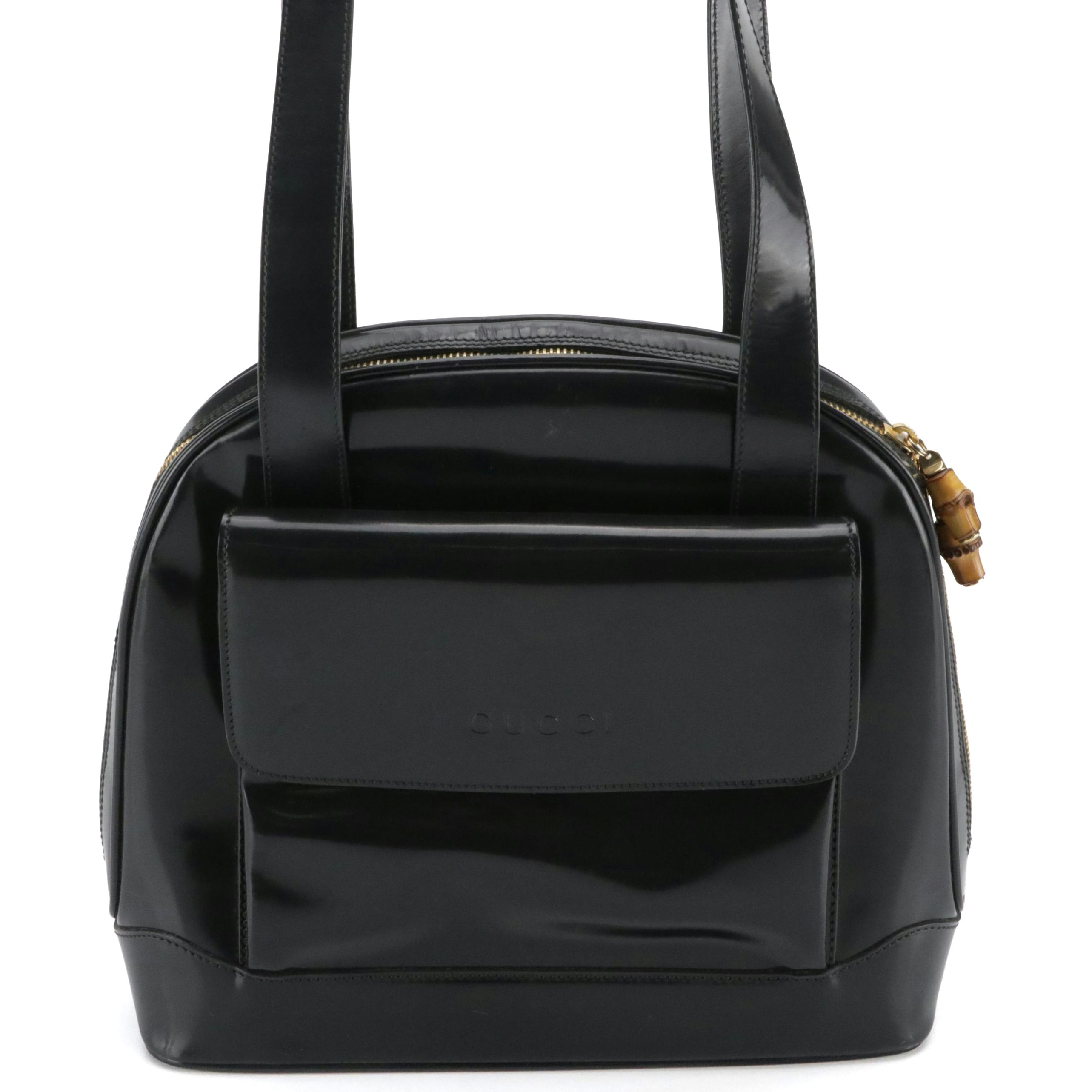 Gucci Front Pocket Dome Shoulder Bag in Black Patent Leather