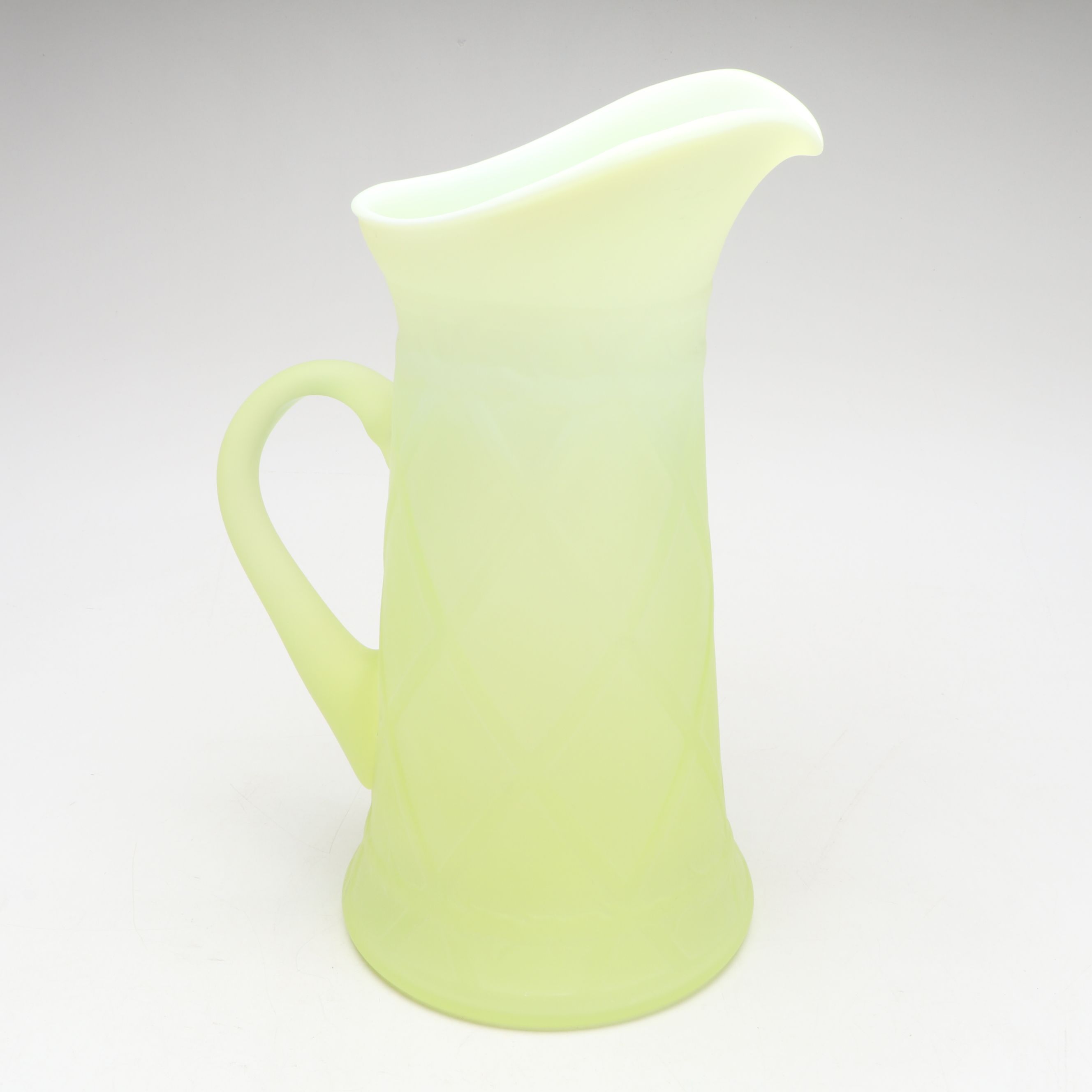 Gibson Embossed Grape Clusters Satin Uranium Glass Pitcher and Tumblers