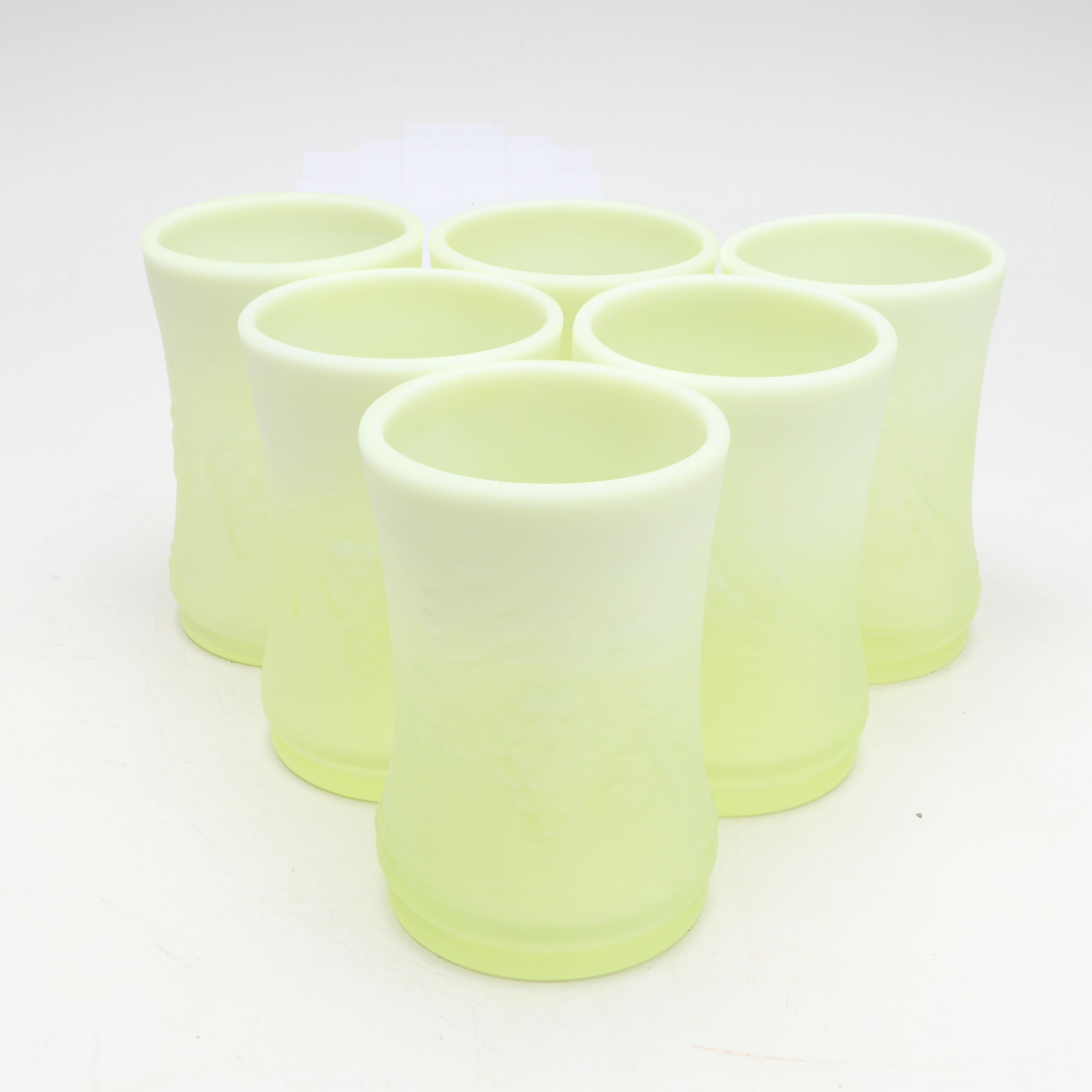Gibson Embossed Grape Clusters Satin Uranium Glass Pitcher and Tumblers