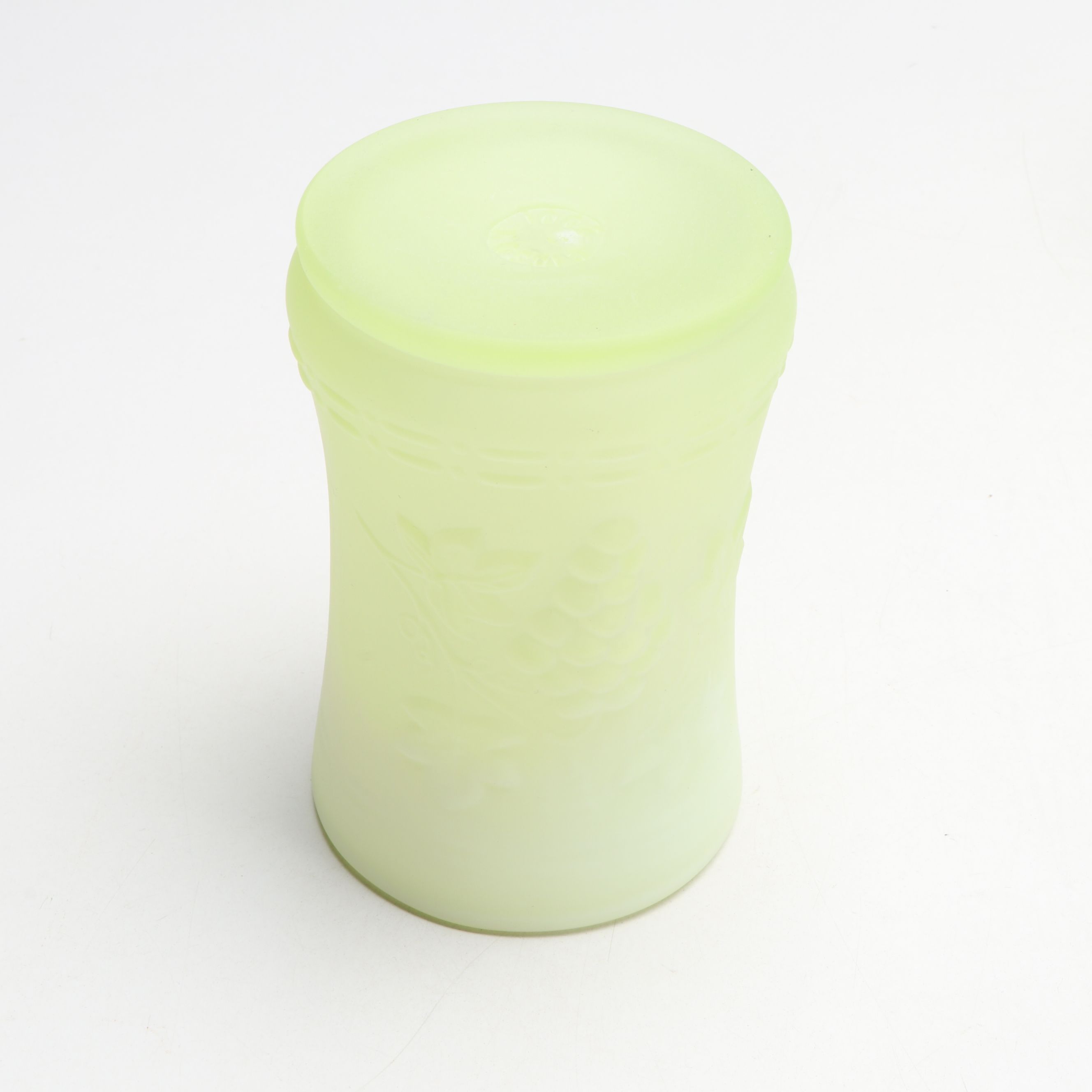 Gibson Embossed Grape Clusters Satin Uranium Glass Pitcher and Tumblers