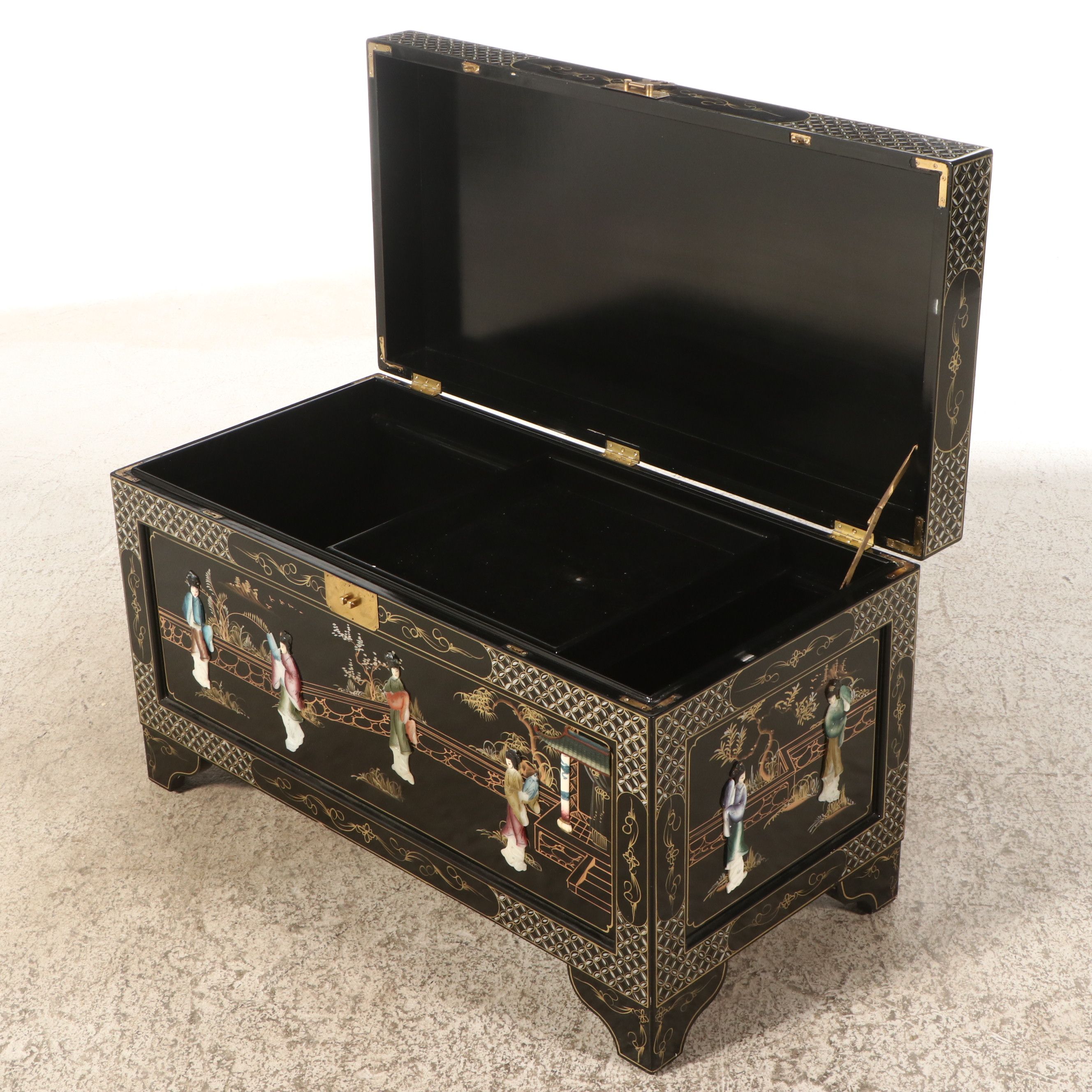 Chinese Lacquered Wood Trunk with Raised Decorations