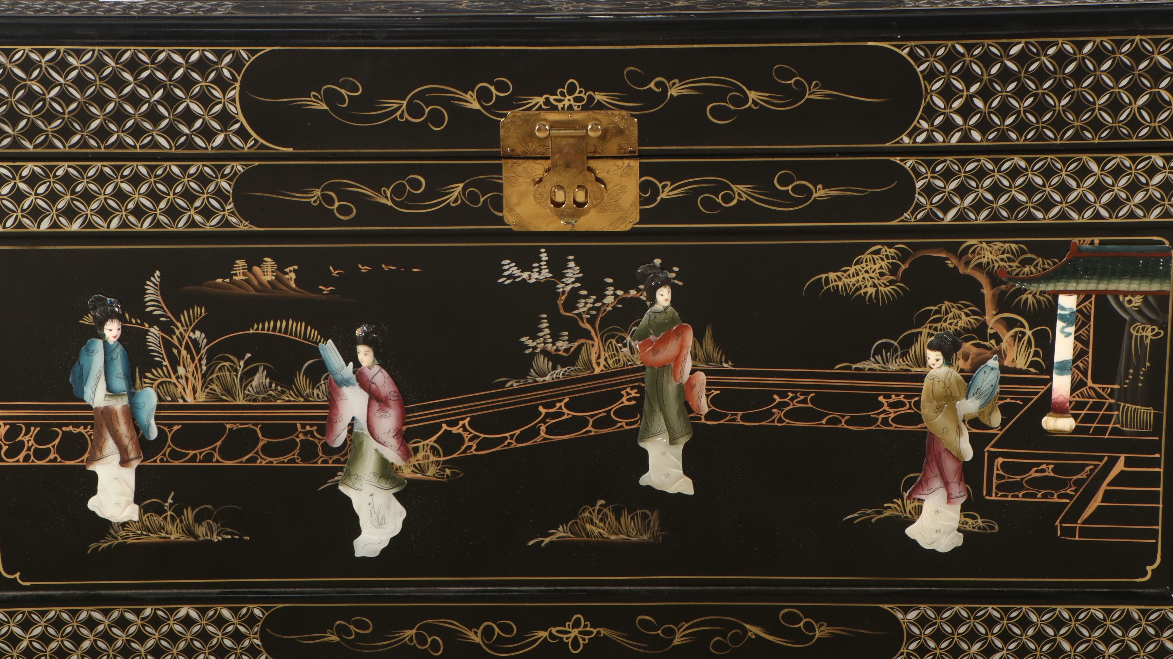 Chinese Lacquered Wood Trunk with Raised Decorations