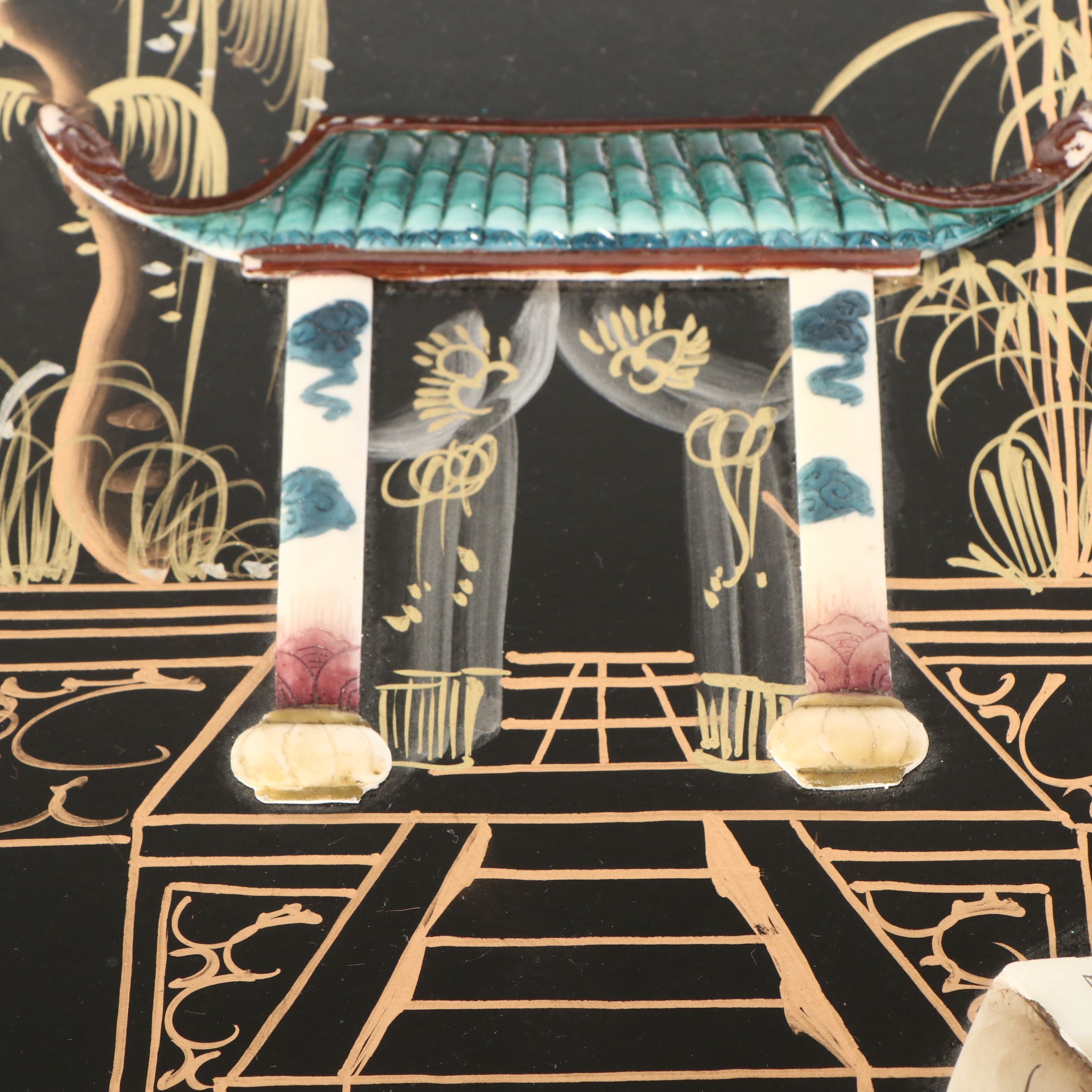 Chinese Lacquered Wood Trunk with Raised Decorations