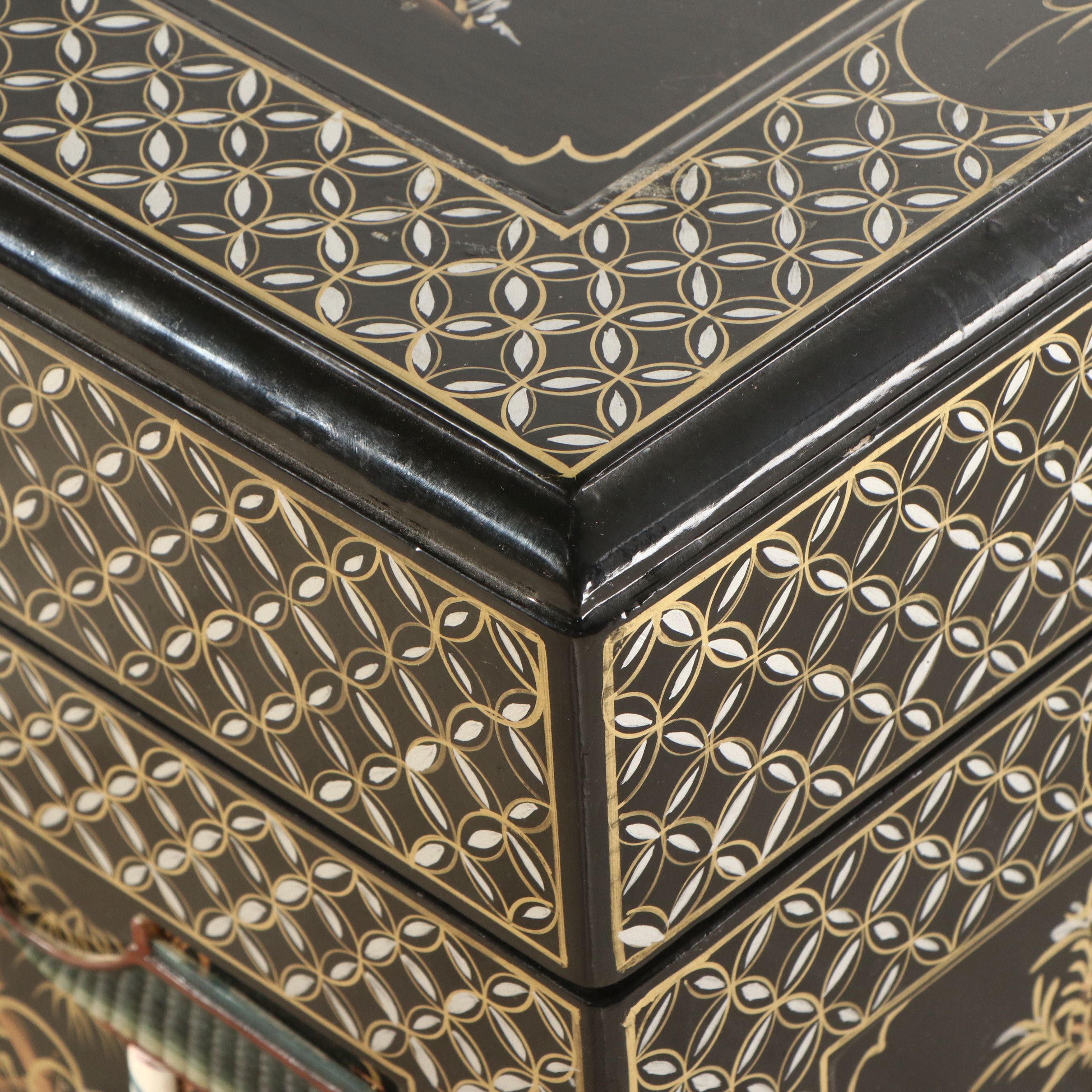 Chinese Lacquered Wood Trunk with Raised Decorations