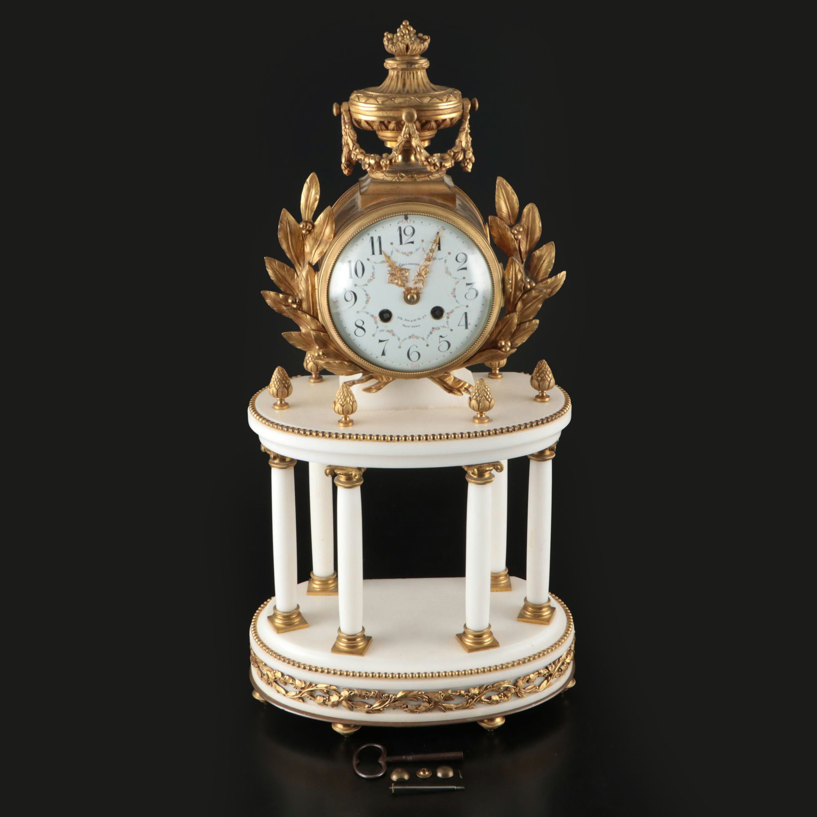 Davis Collamore & Co. Louis XVI Style Gilt Marble Columned Mantel Clock