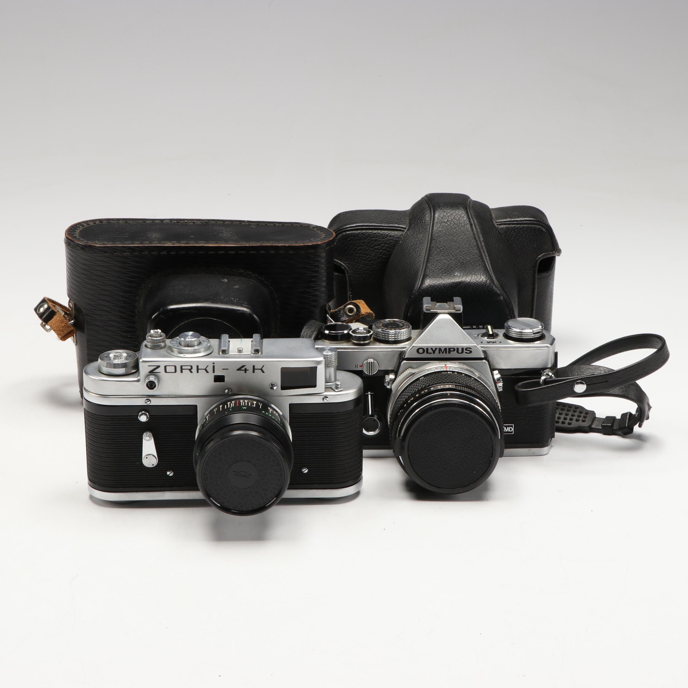 Olympus OM-1 and Zorki 4K 35mm SLR Cameras, Mid to Late 20th Century