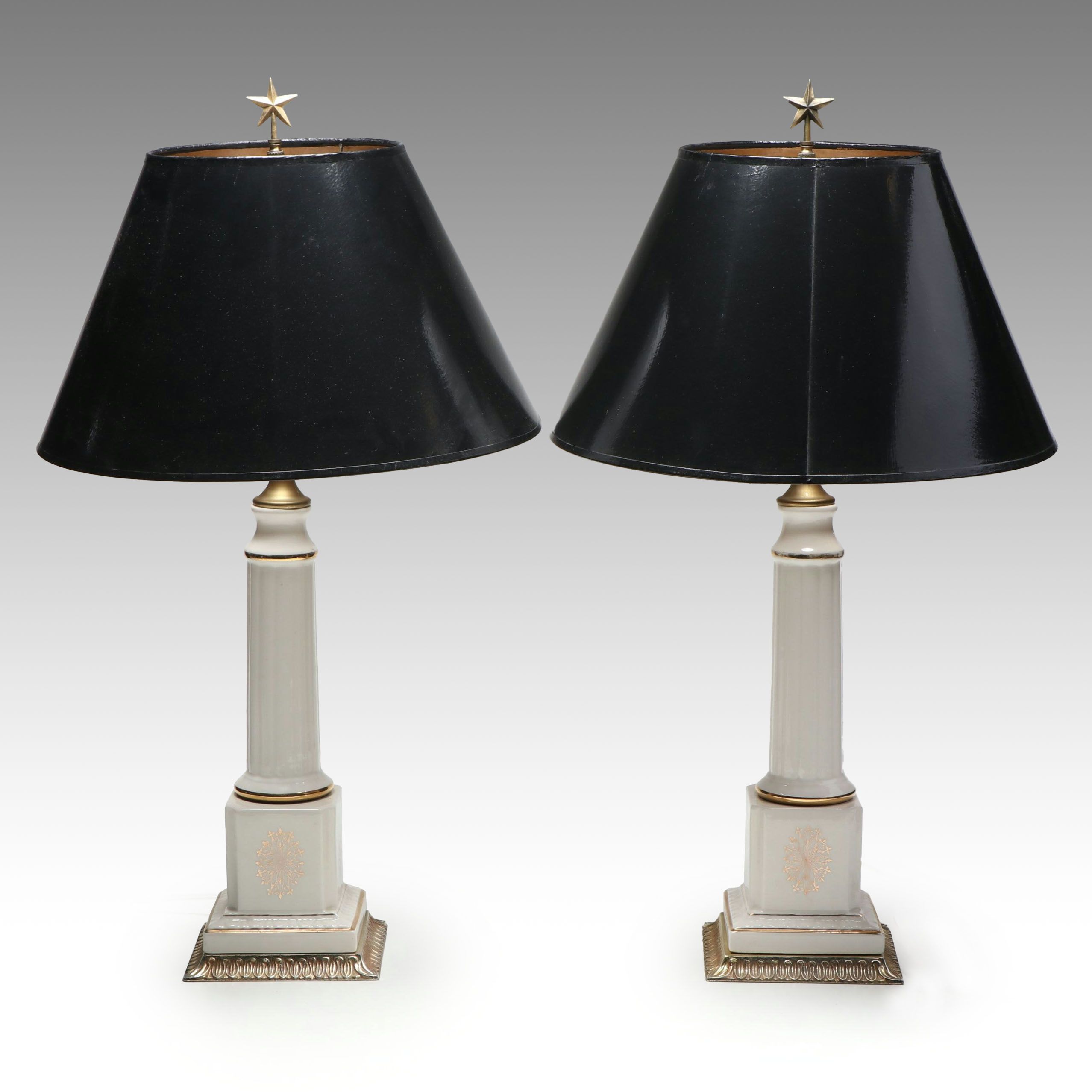 Neoclassical Style Ceramic Column Table Lamp Pair with Black Paper Shades