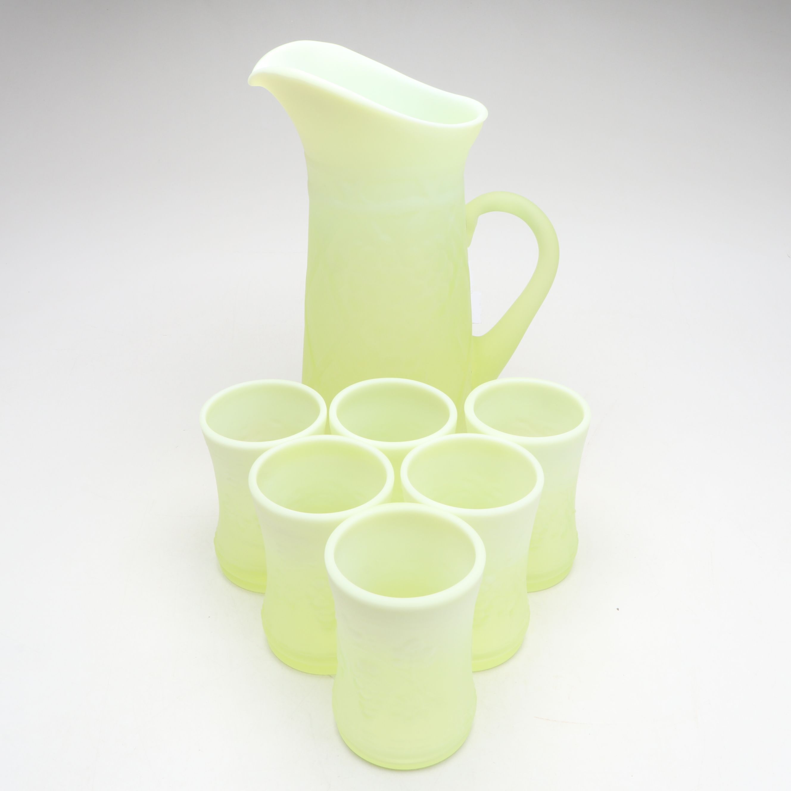 Gibson Embossed Grape Clusters Satin Uranium Glass Pitcher and Tumblers