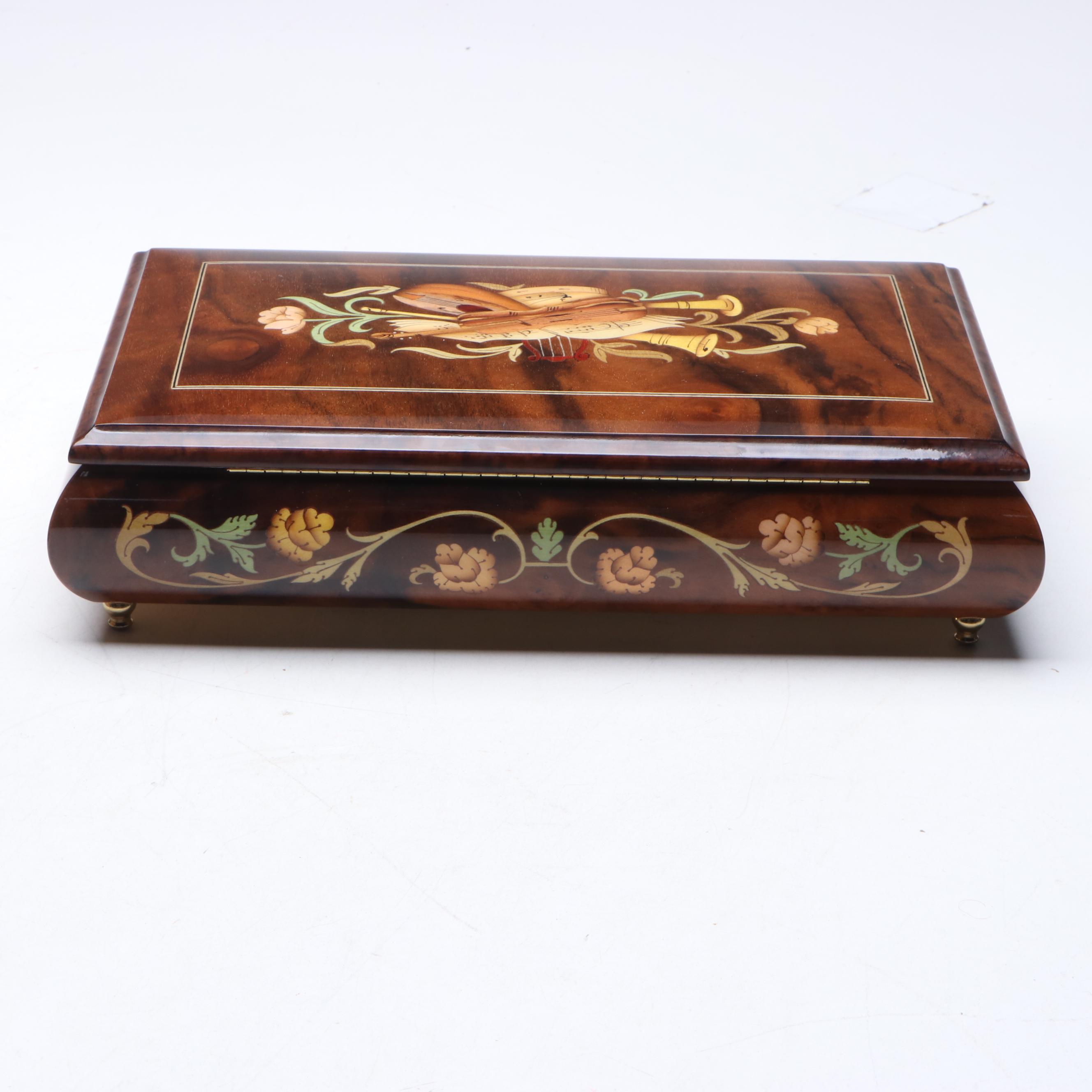 Italian "Edelweiss" Inlaid Wooden Music Box, Late 20th Century