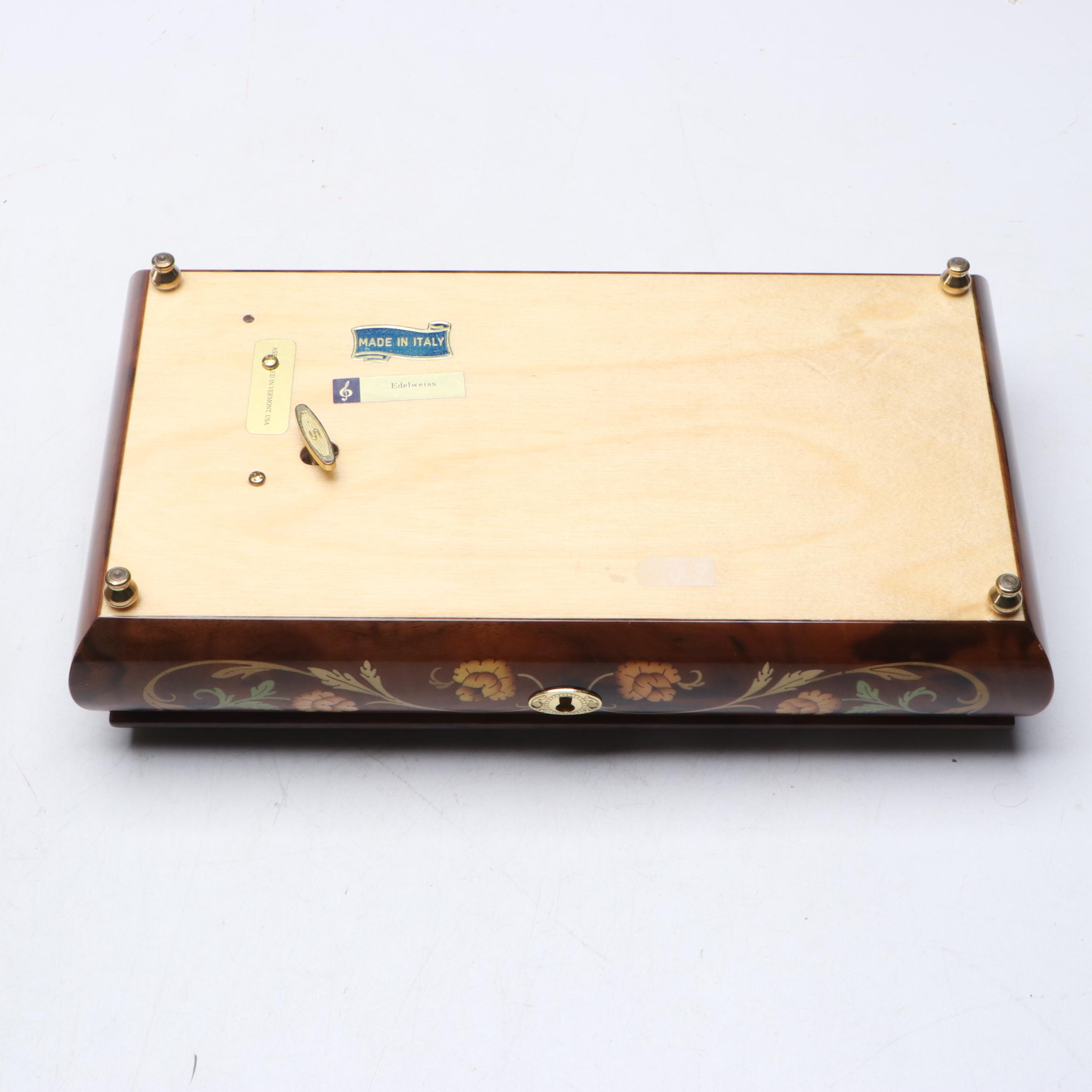 Italian "Edelweiss" Inlaid Wooden Music Box, Late 20th Century