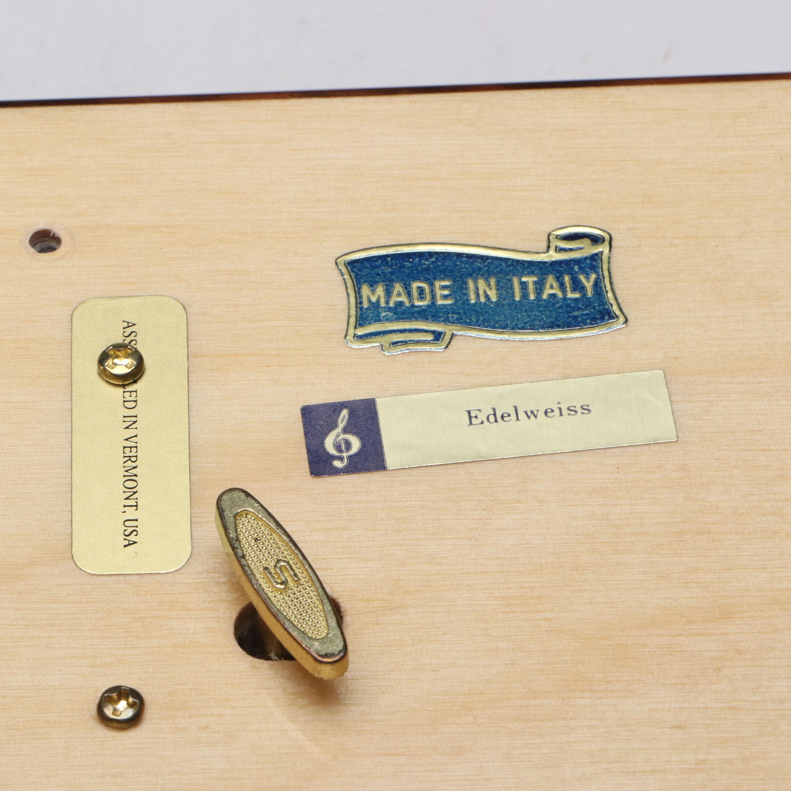 Italian "Edelweiss" Inlaid Wooden Music Box, Late 20th Century