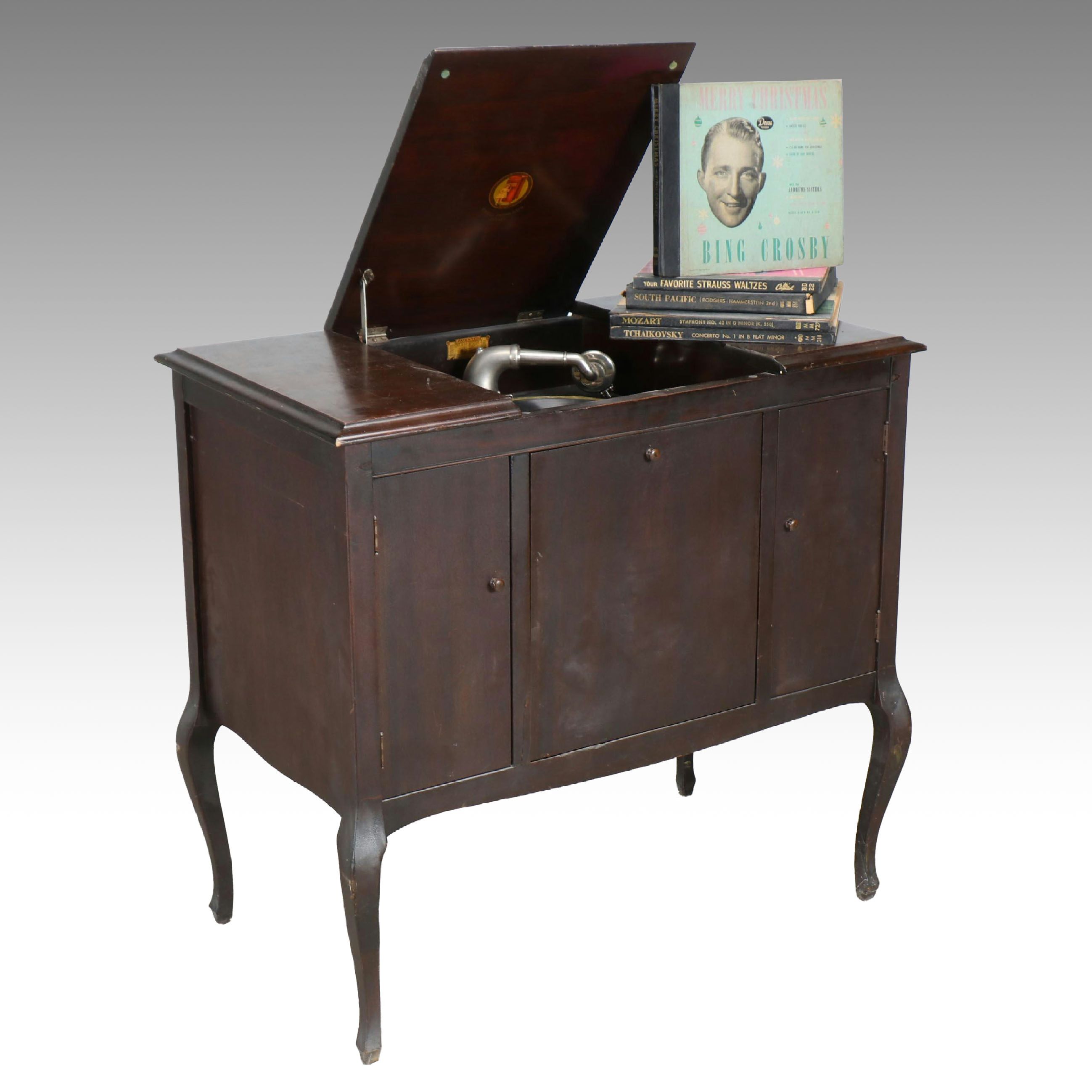 Kimball Walnut Cabinet Phonograph with Vinyl Records, Early 20th Century