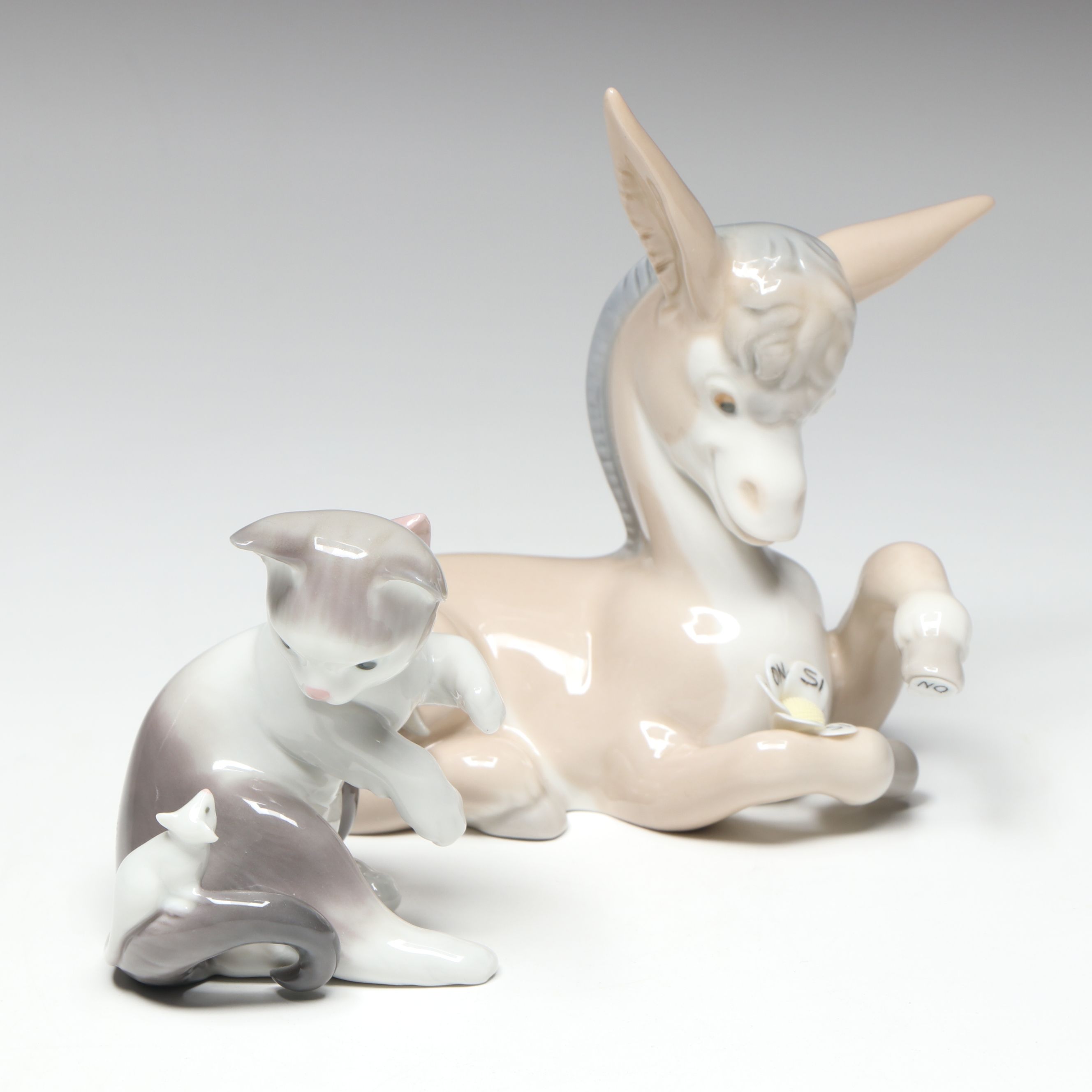 Lladró "Donkey in Love" and "Cat and Mouse" Porcelain Figurines