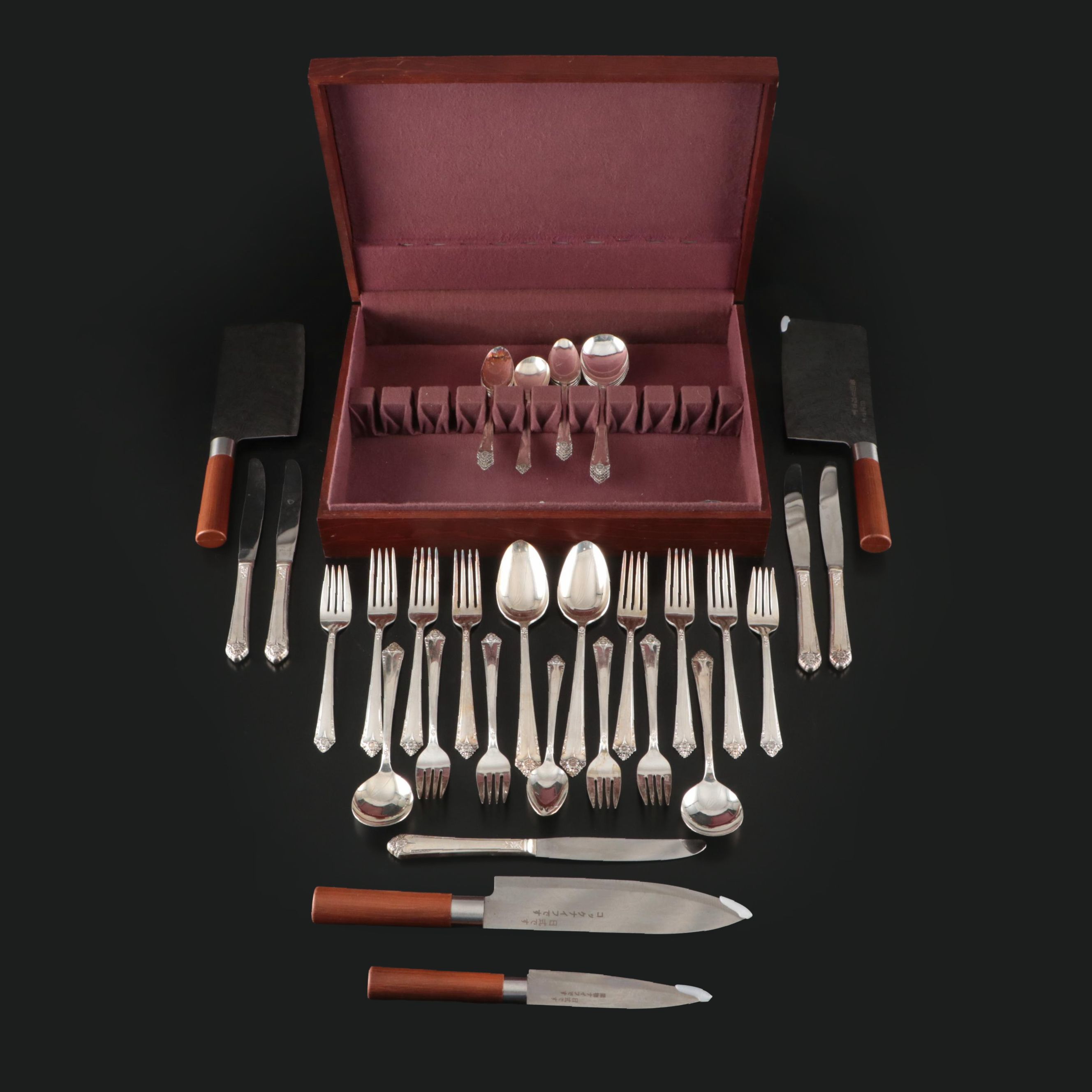 Rogers &amp; Bro. Silver Plate Flatware with Wood Handled Knives