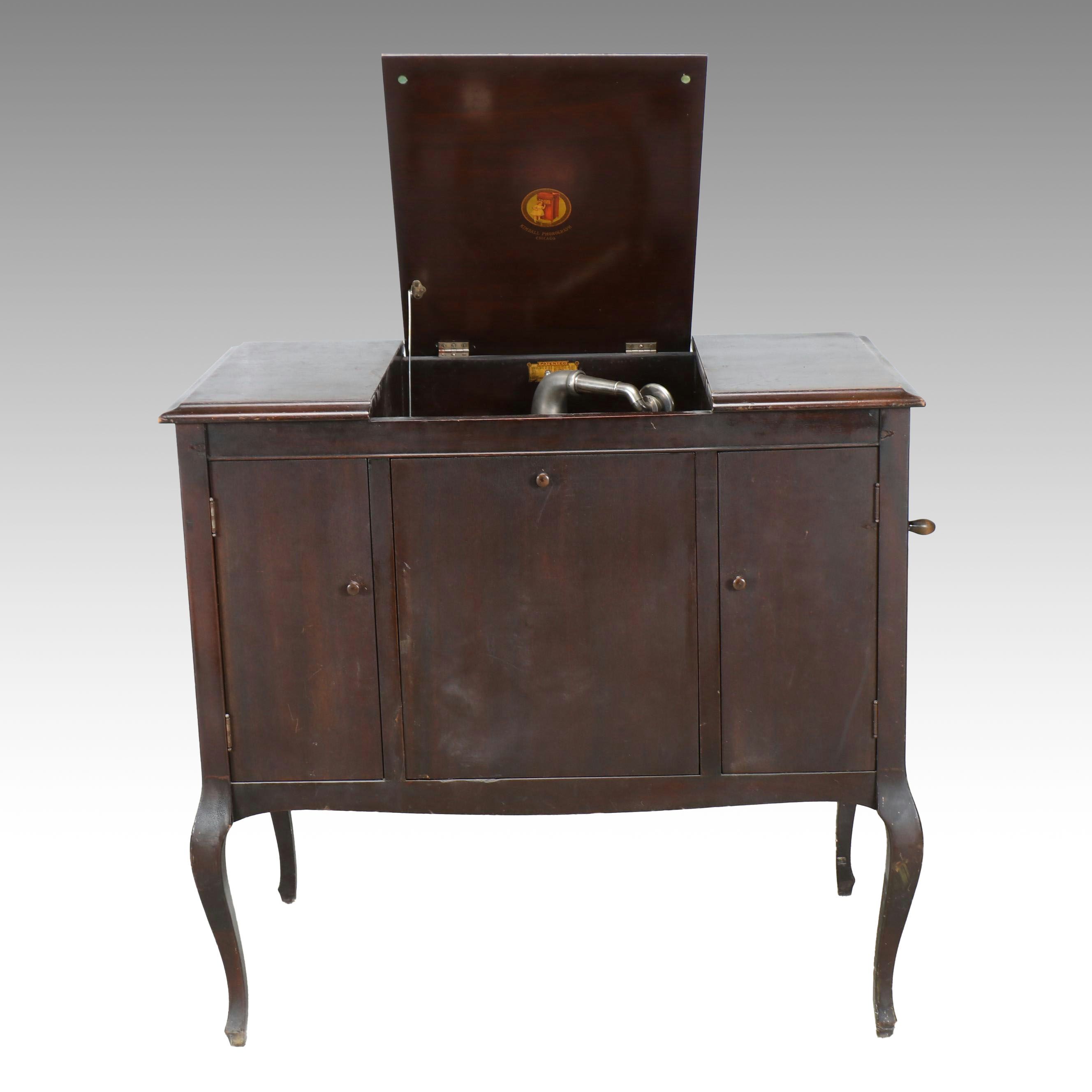 Kimball Walnut Cabinet Phonograph with Vinyl Records, Early 20th Century