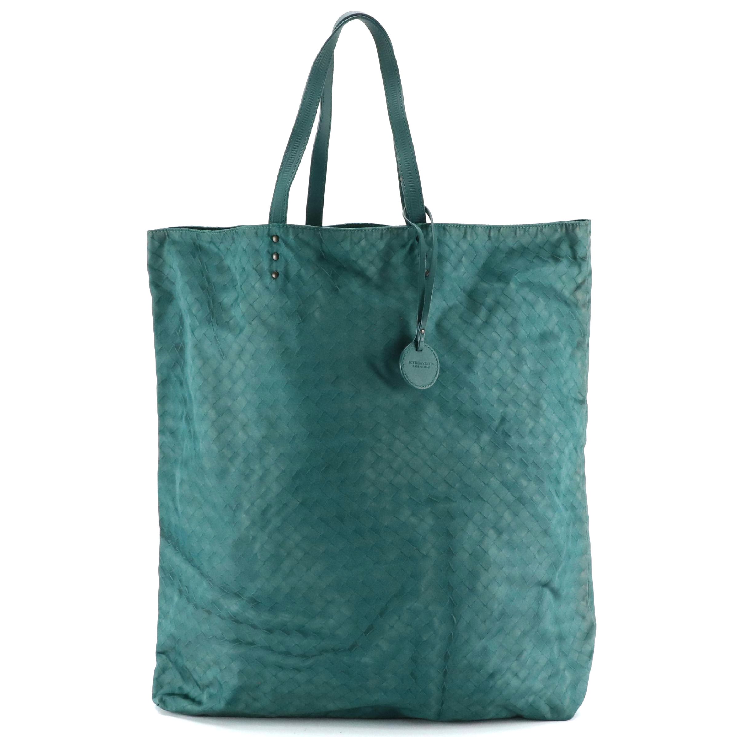 Bottega Veneta Teal Intrecciolusion Maxi Vertical Tote in Nylon and Leather