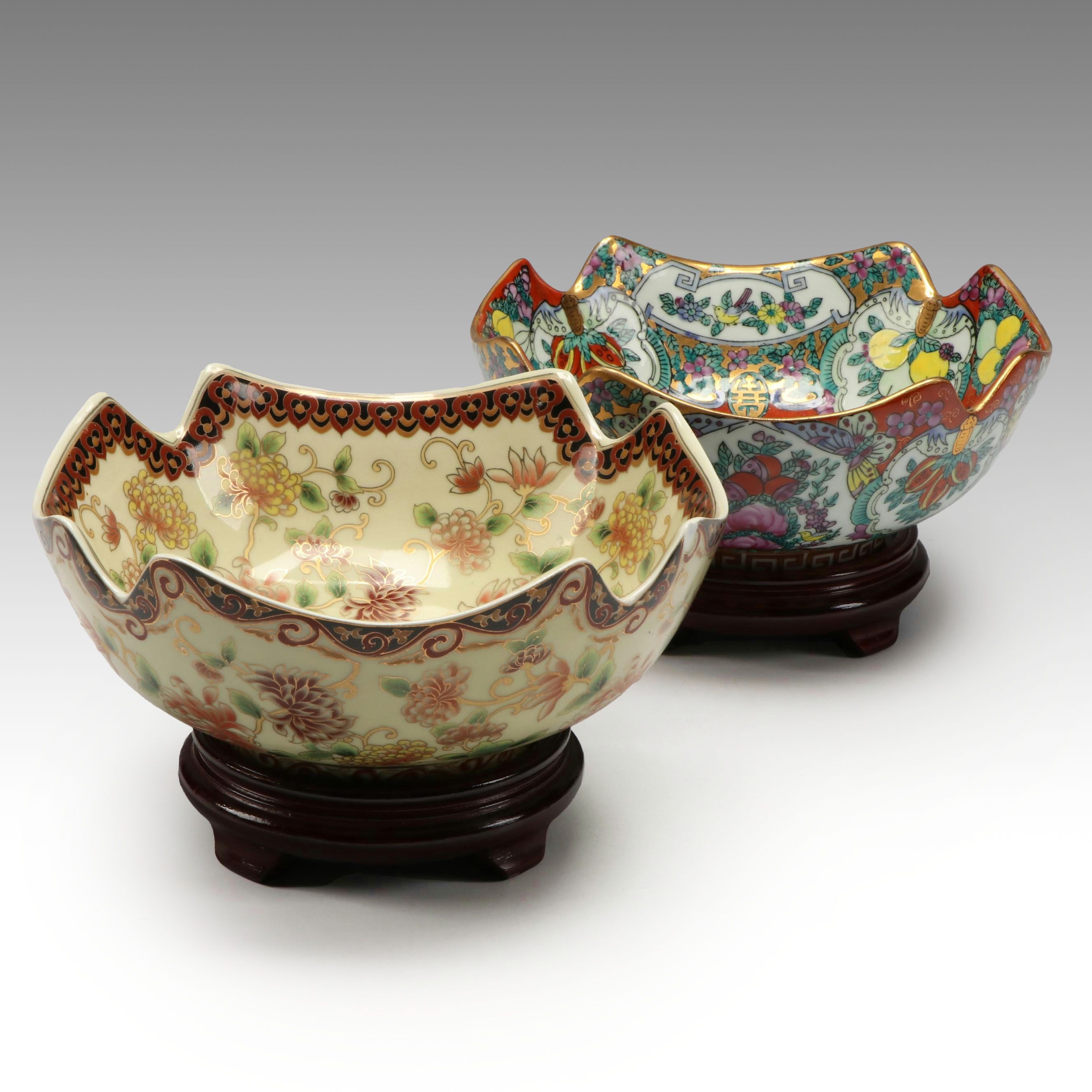 Yi Lin Arts & Treasures Floral Porcelain Decorative Bowls on Wood Bases