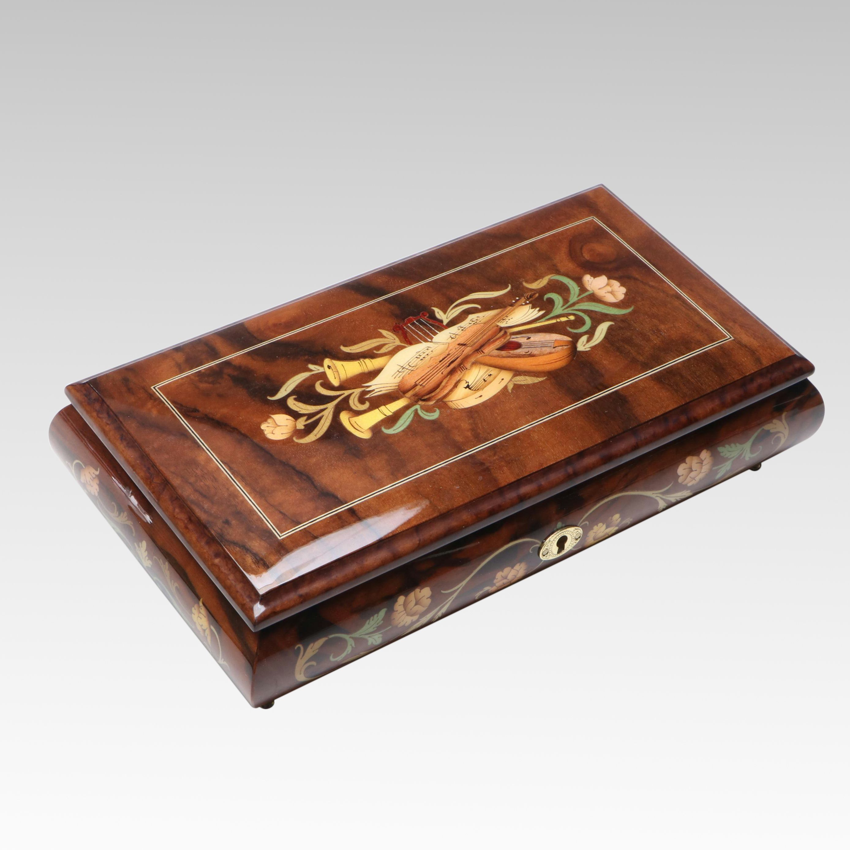 Italian "Edelweiss" Inlaid Wooden Music Box, Late 20th Century