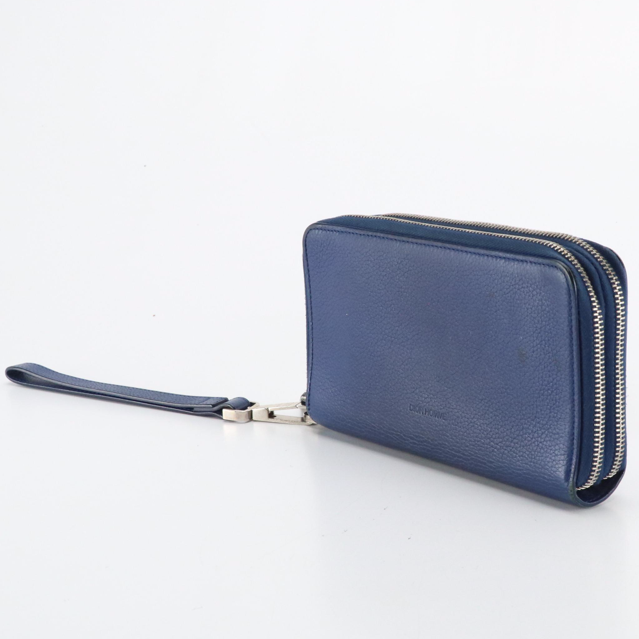 Dior Homme Blue Grained Leather Double Zip Wristlet Wallet