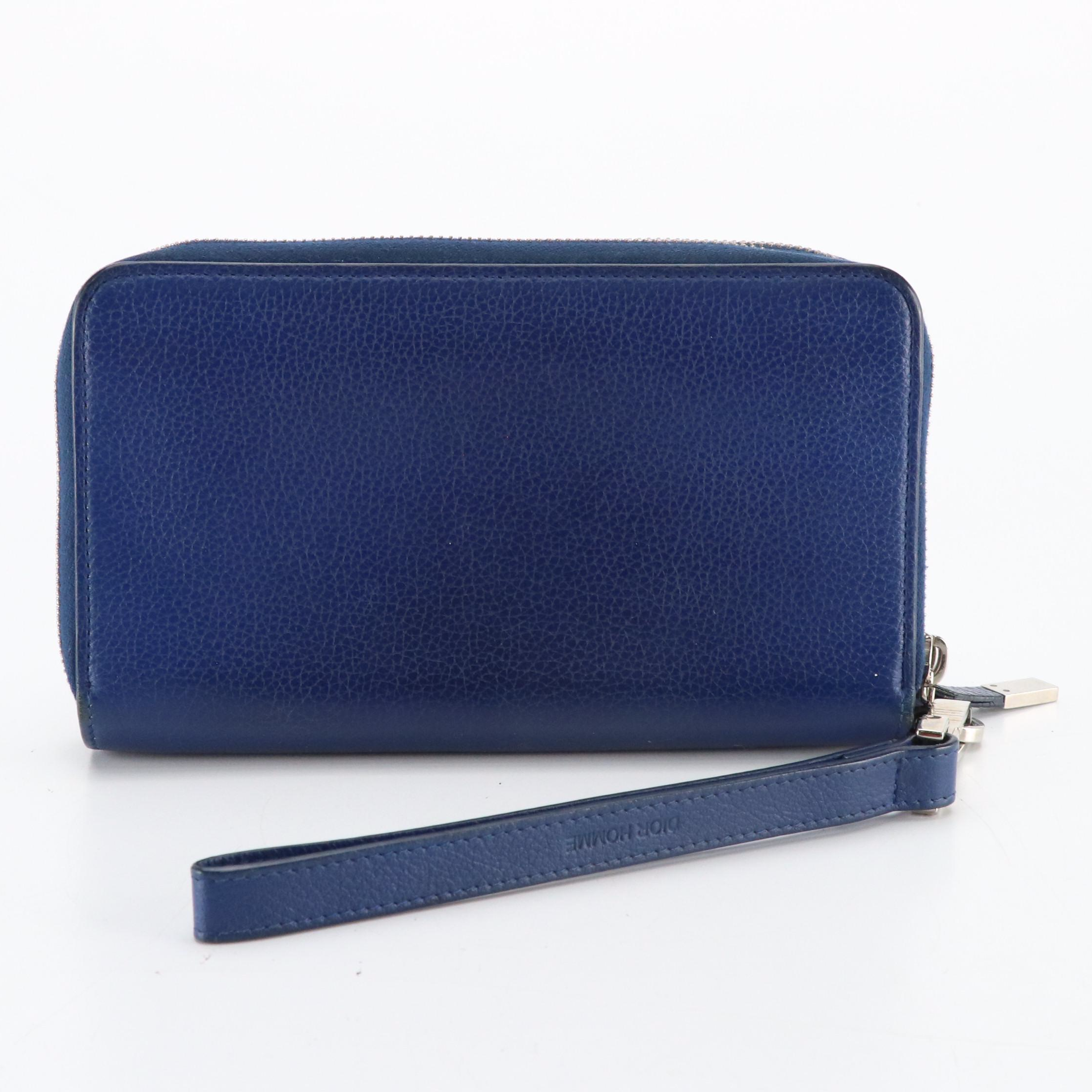 Dior Homme Blue Grained Leather Double Zip Wristlet Wallet