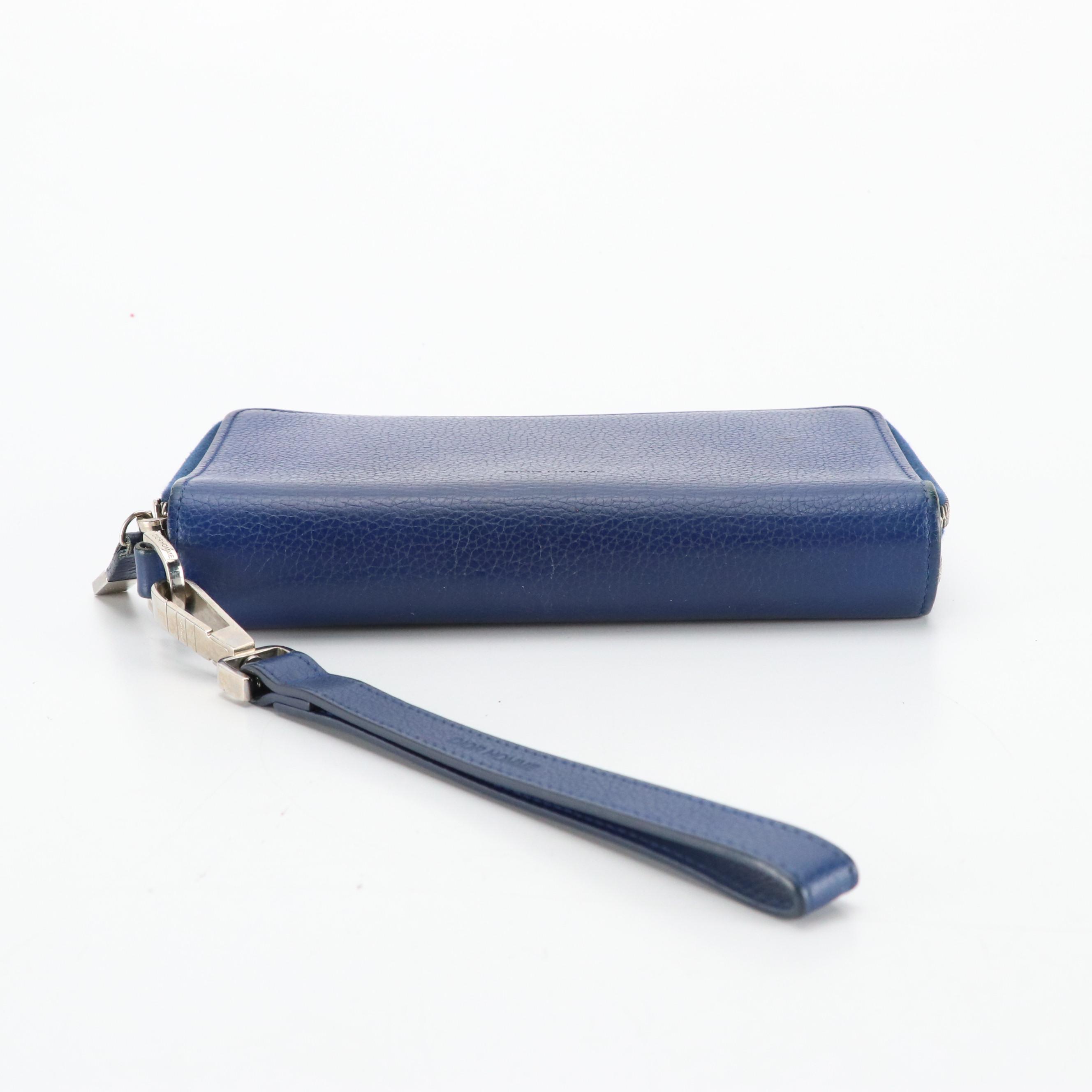 Dior Homme Blue Grained Leather Double Zip Wristlet Wallet