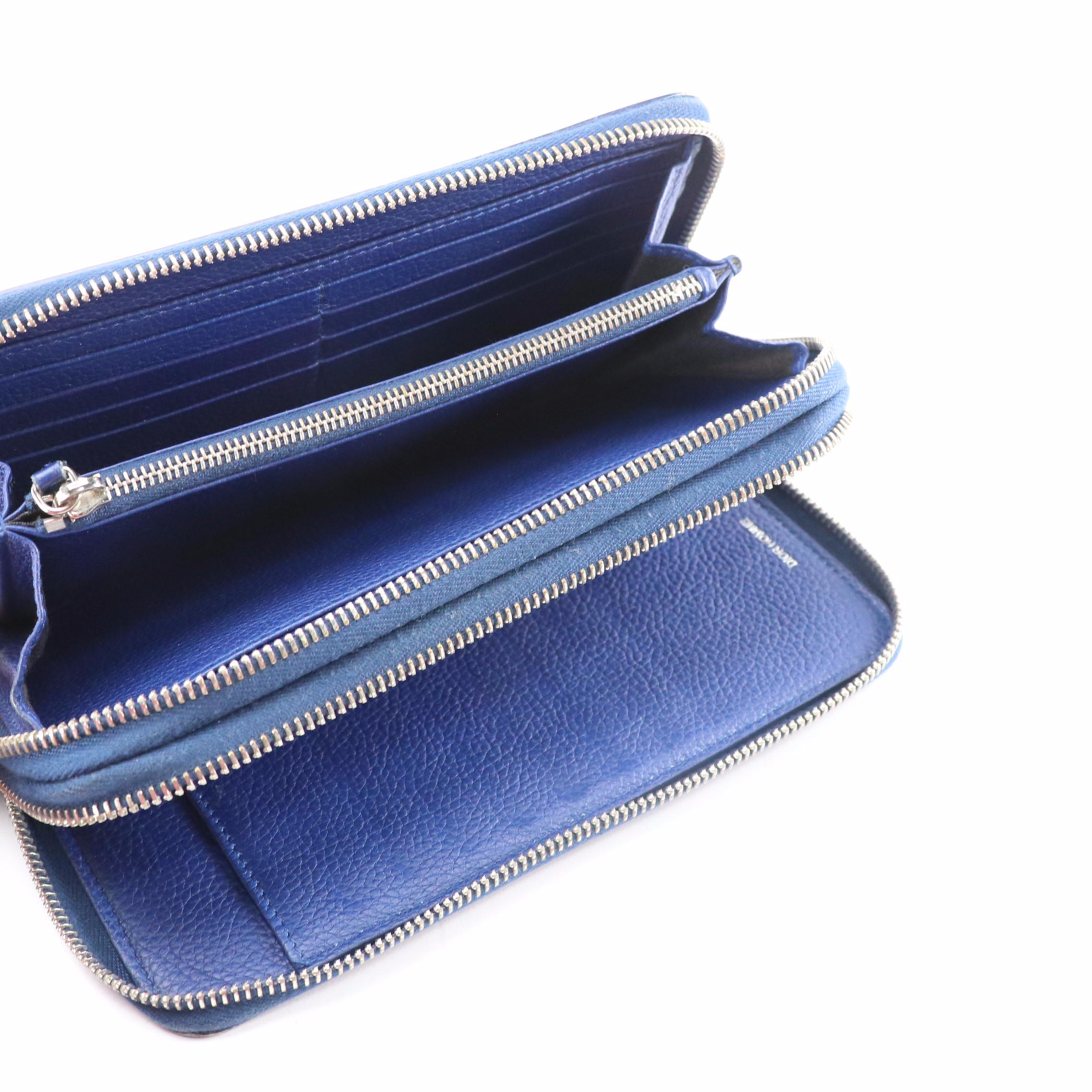 Dior Homme Blue Grained Leather Double Zip Wristlet Wallet